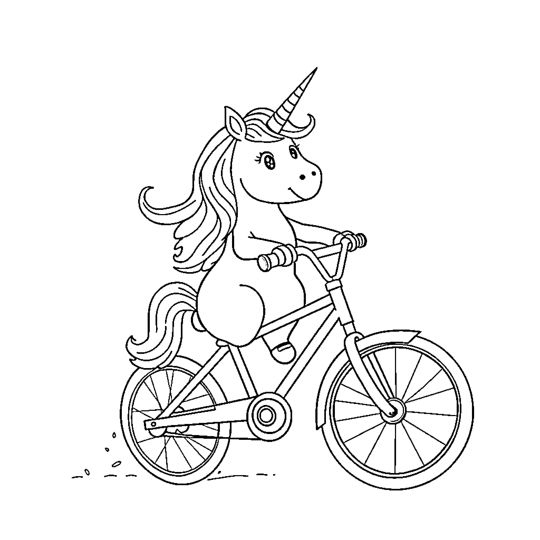 Unicorn riding a bicycle happily Coloring Page (free black-and-white line drawing printable PDF for all, from beginners to advanced learners, including children, teens, adults, and seniors)