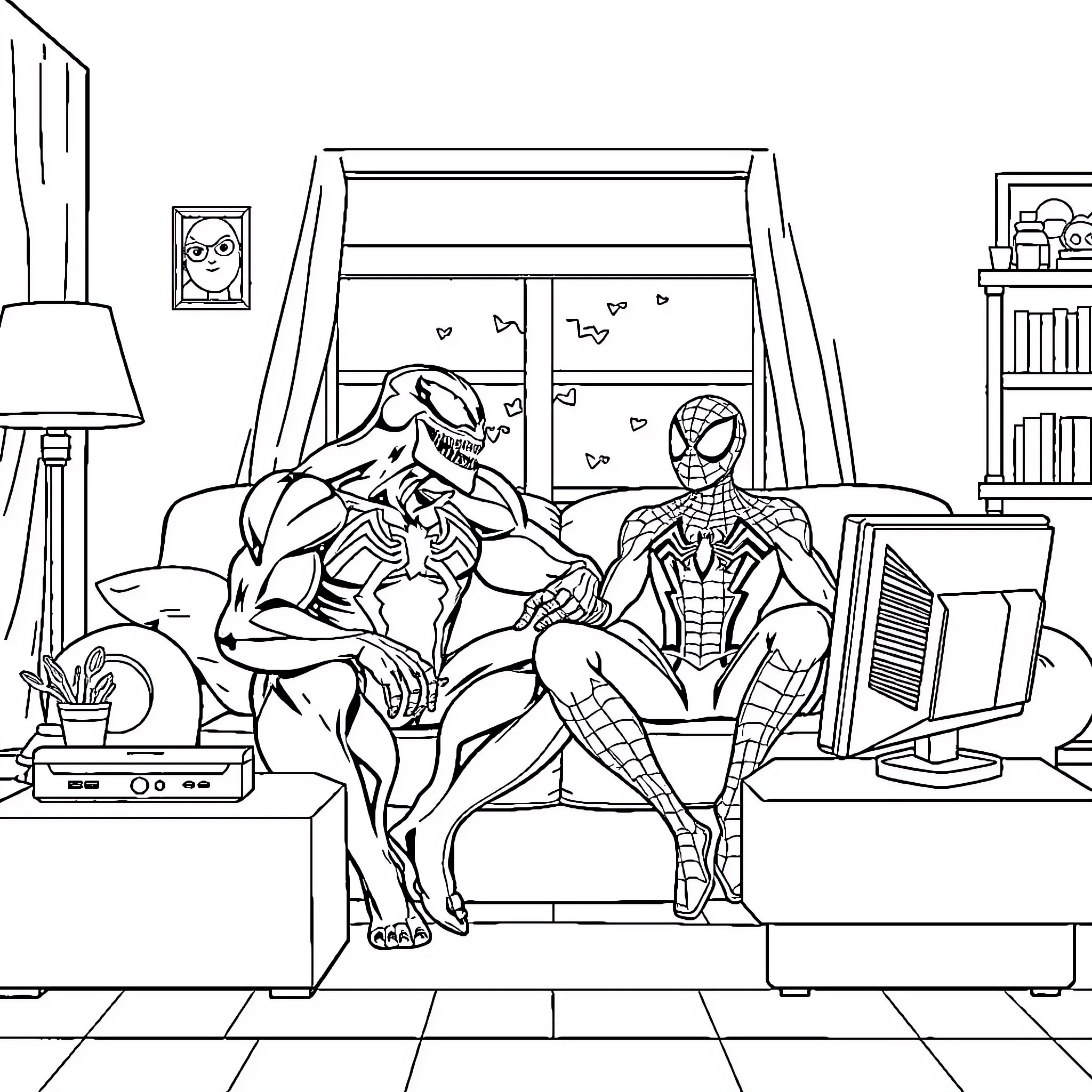 Venom and Spider-Man relaxing in the living room Coloring Page (free black-and-white line drawing printable PDF for all, from beginners to advanced learners, including children, teens, adults, and seniors)