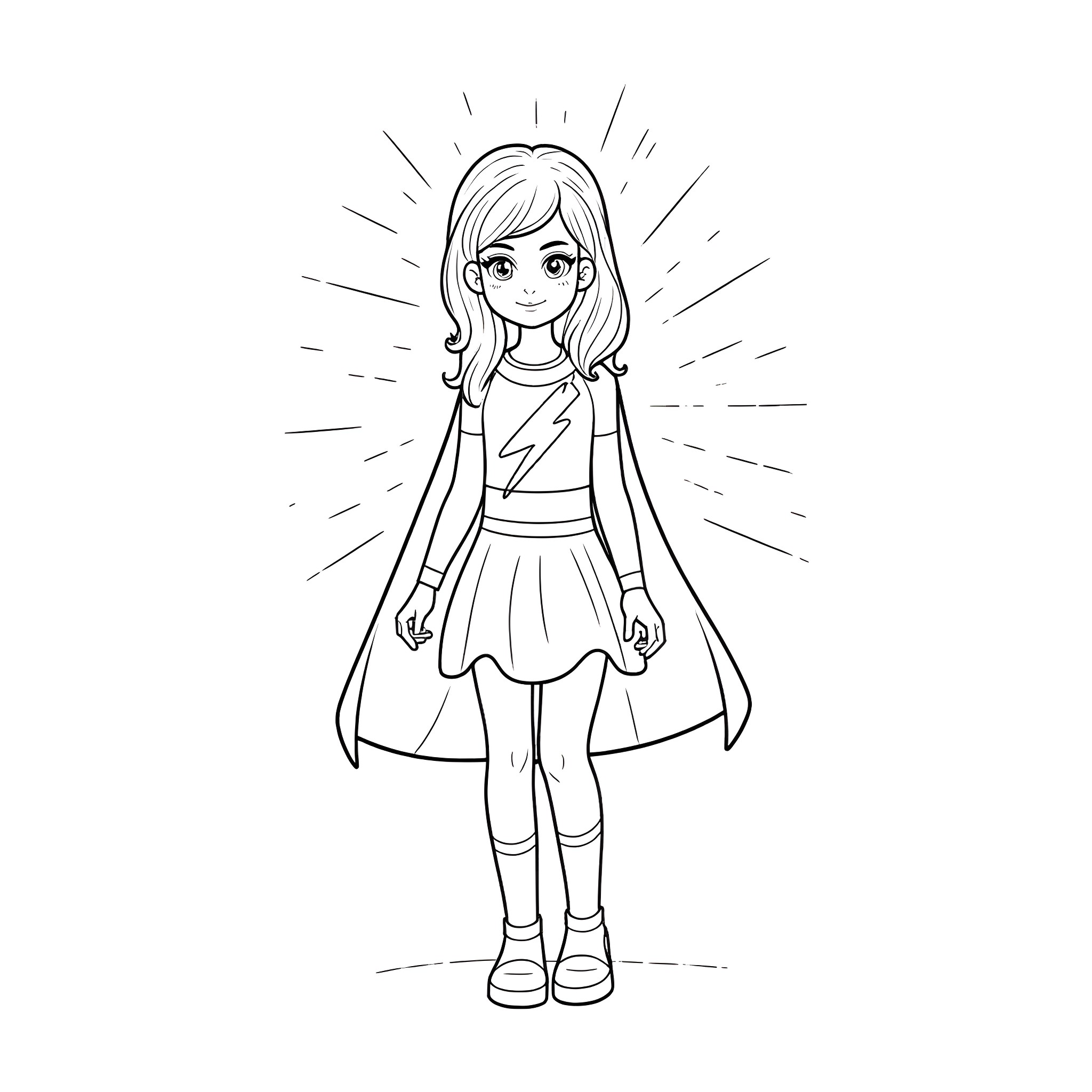 Girl in superhero costume with flowing cape Coloring Page (free black-and-white line drawing printable PDF for all, from beginners to advanced learners, including children, teens, adults, and seniors)