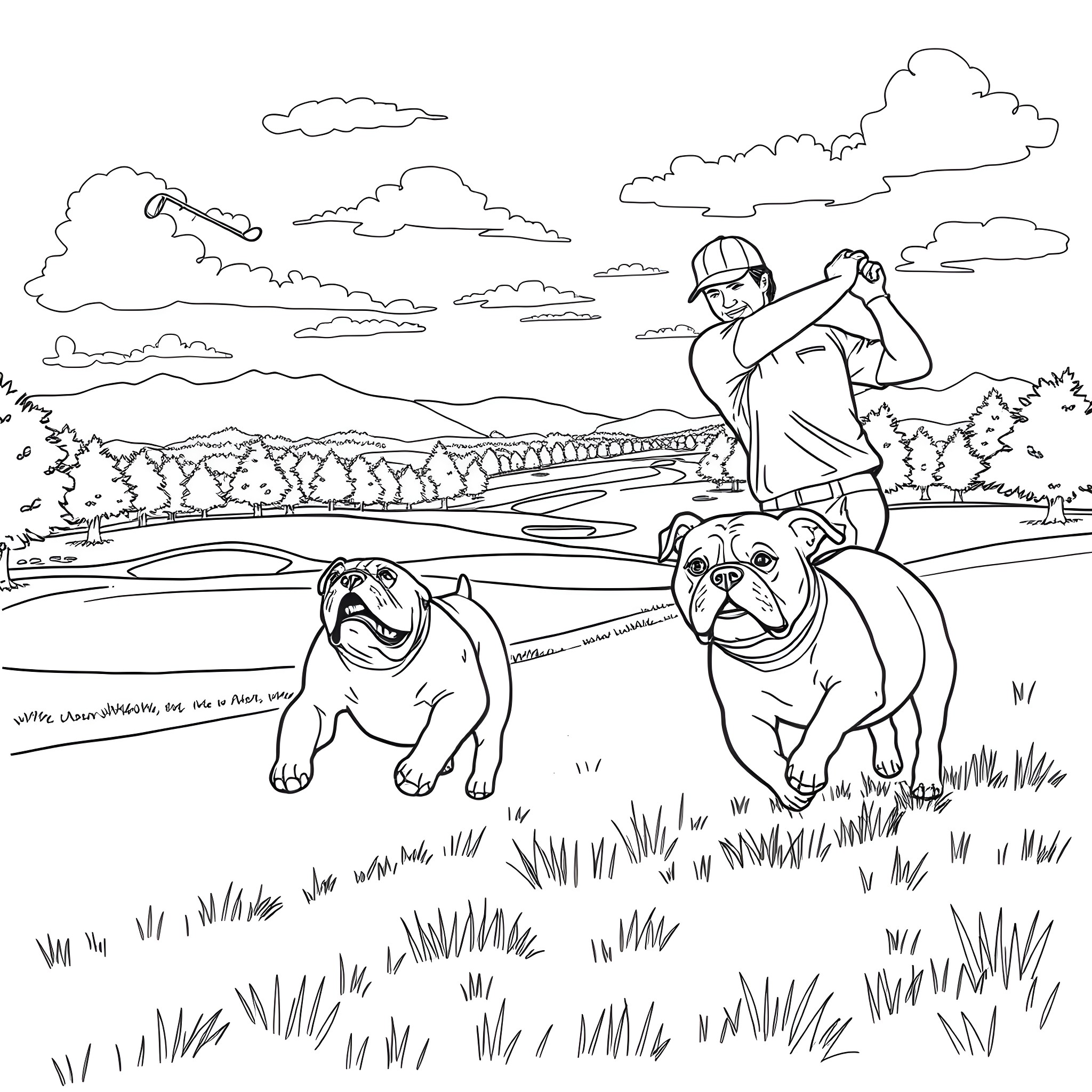 Golfer enjoying a sunny day with two playful dogs Coloring Page (free black-and-white line drawing printable PDF for all, from beginners to advanced learners, including children, teens, adults, and seniors)