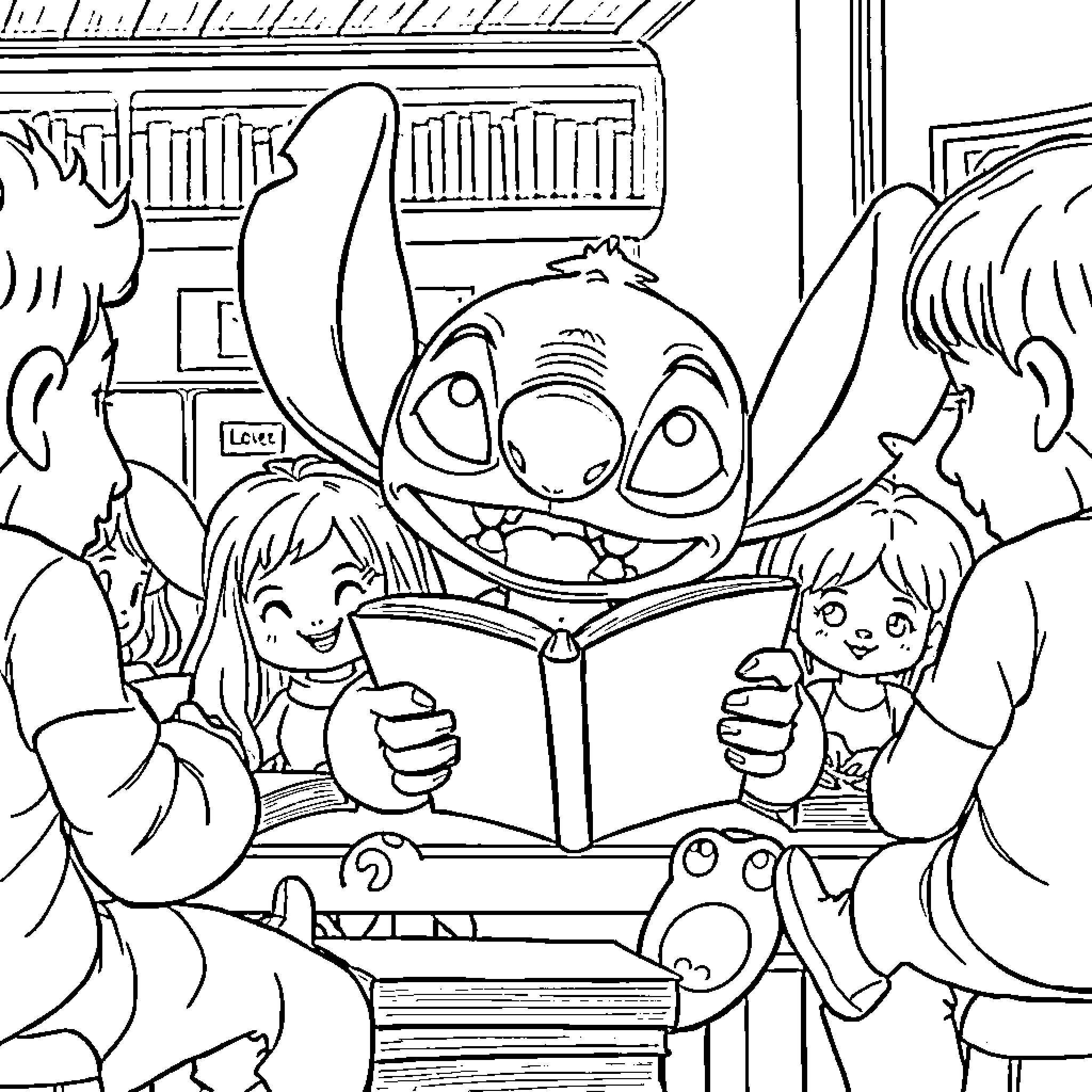 Stitch reading with friends in the library Coloring Page (free black-and-white line drawing printable PDF for all, from beginners to advanced learners, including children, teens, adults, and seniors)