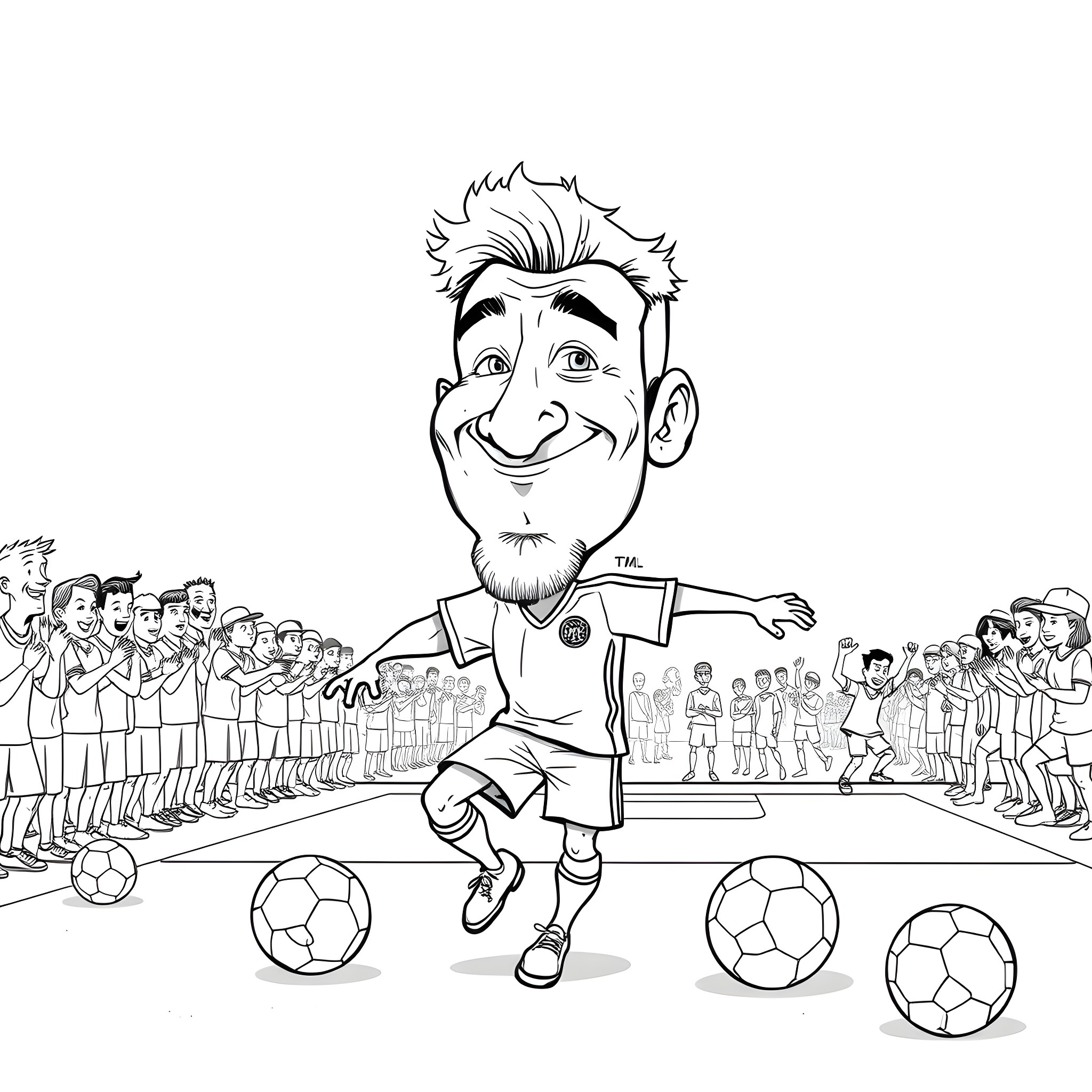 Footballer Performing Tricks with Soccer Balls on the Pitch Coloring Page (free black-and-white line drawing printable PDF for all, from beginners to advanced learners, including children, teens, adults, and seniors)