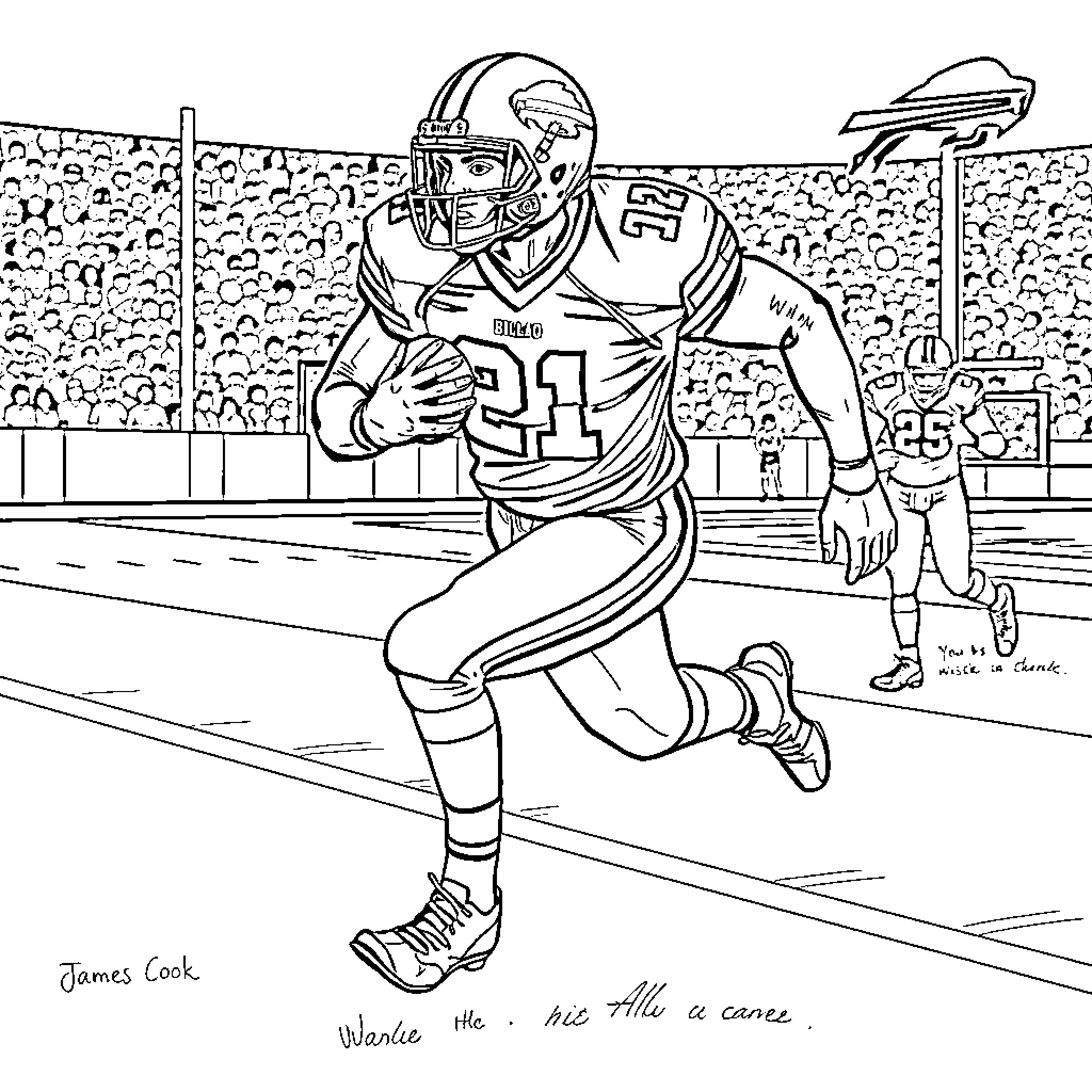 James Cook Playing American Football on the Field Coloring Page (free black-and-white line drawing printable PDF for all, from beginners to advanced learners, including children, teens, adults, and seniors)