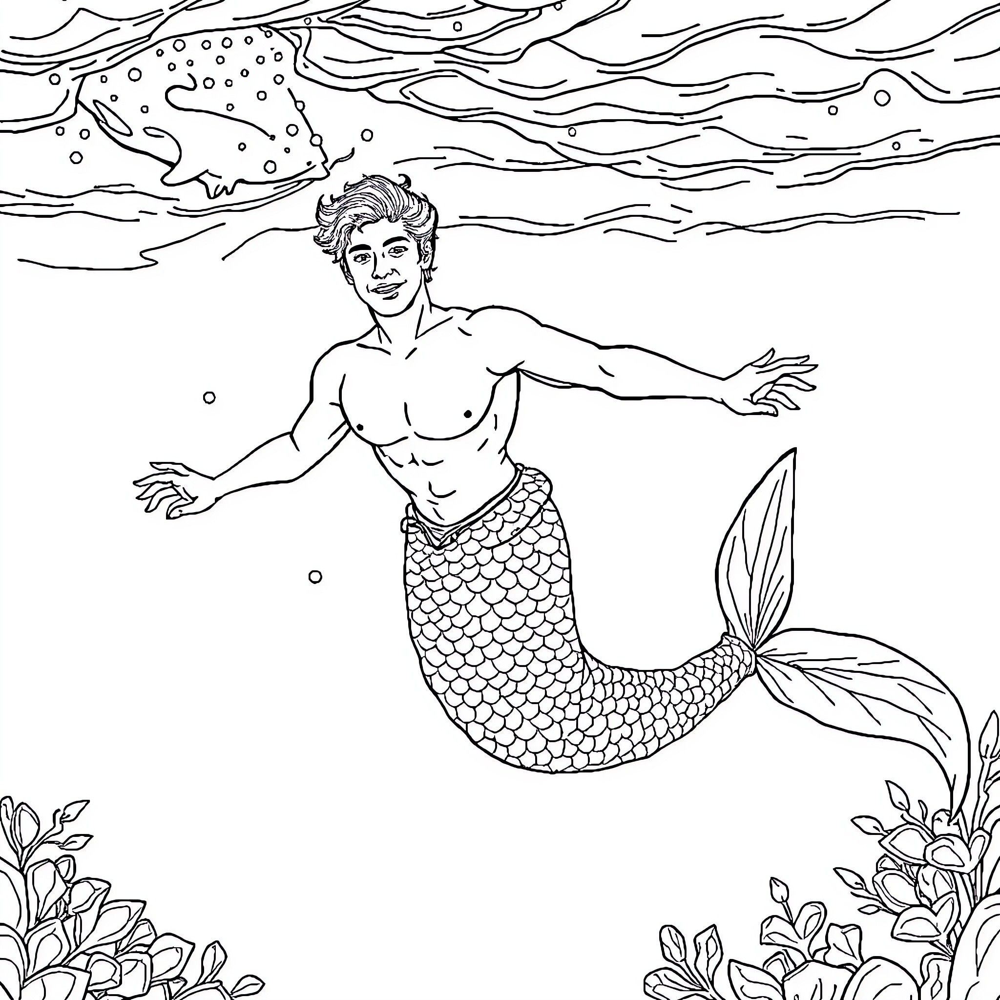 Mermaid exploring the underwater world Coloring Page (free black-and-white line drawing printable PDF for all, from beginners to advanced learners, including children, teens, adults, and seniors)