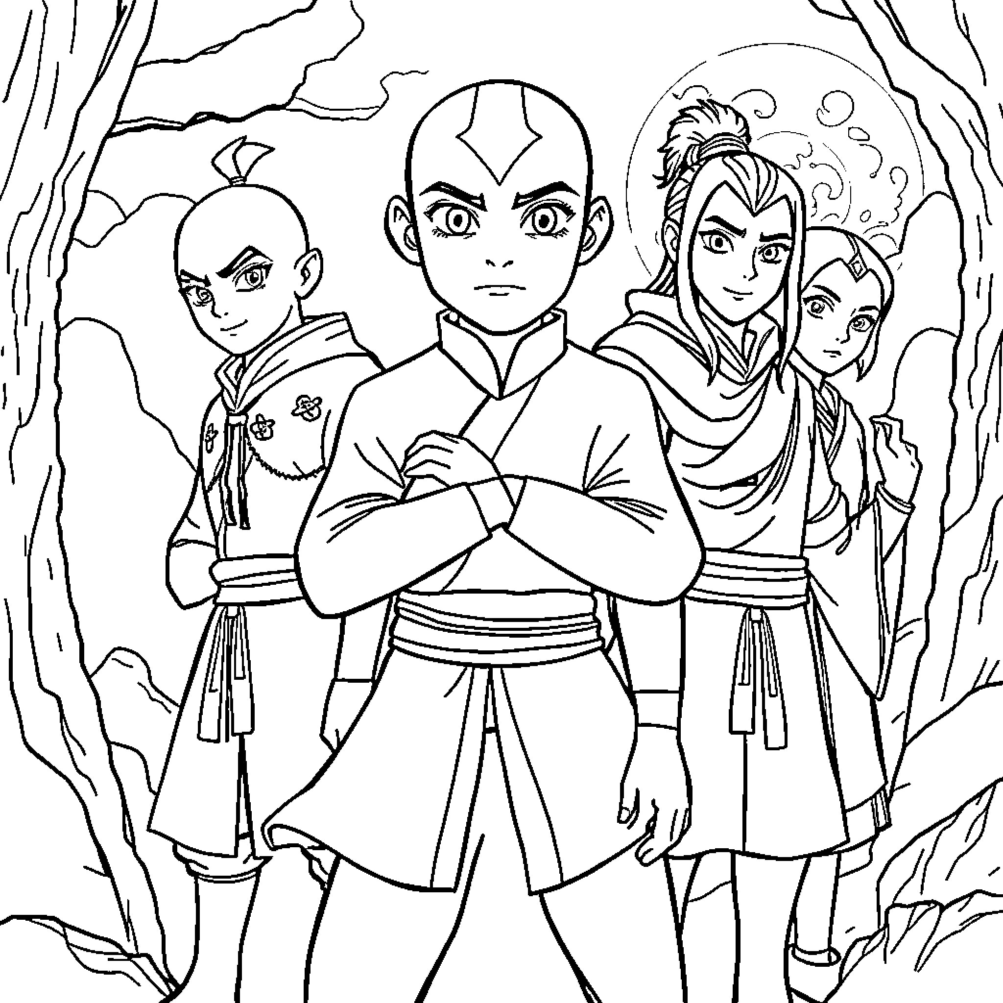 Avatar characters in a dramatic forest scene Coloring Page (free black-and-white line drawing printable PDF for all, from beginners to advanced learners, including children, teens, adults, and seniors)