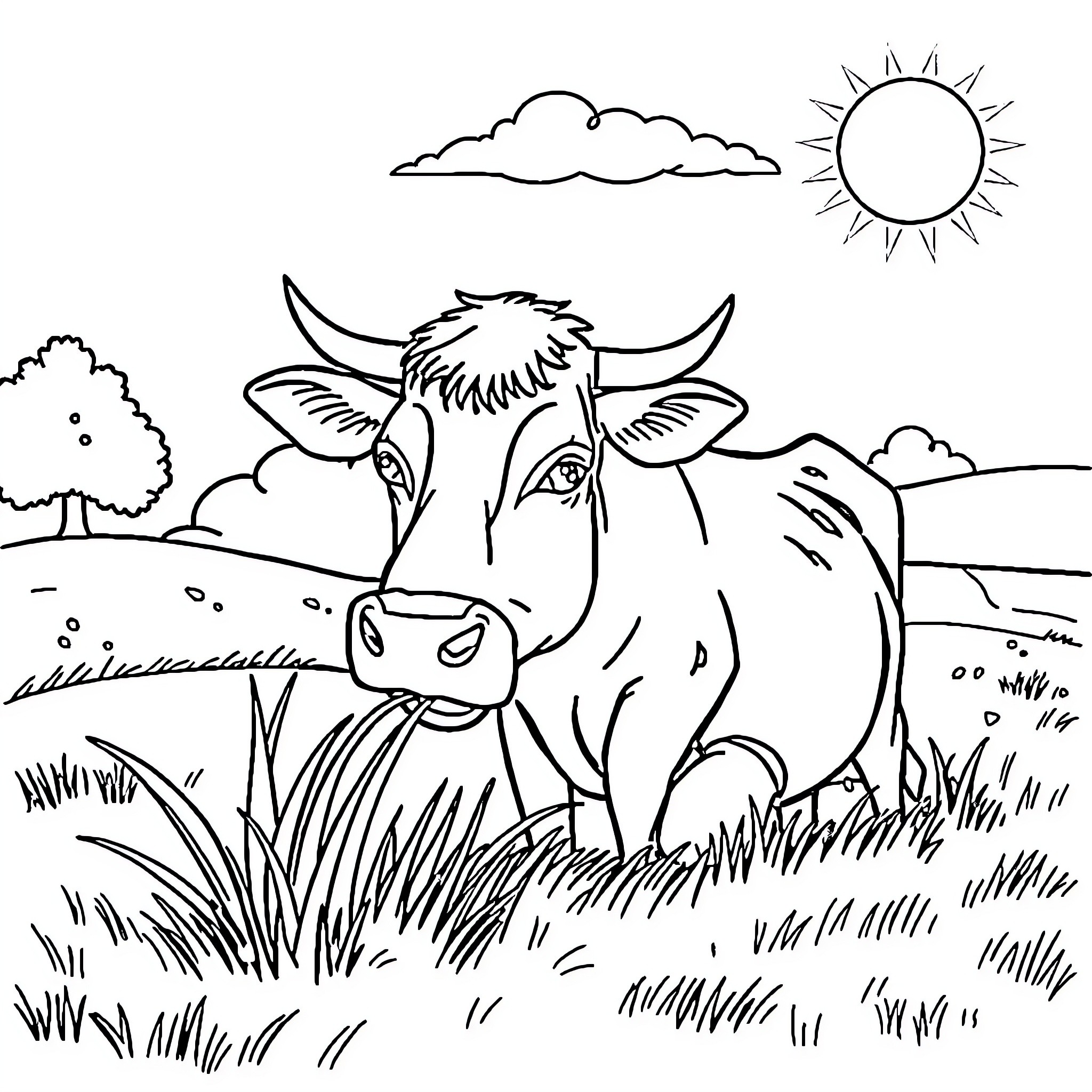 Cow enjoying a sunny day in the field Coloring Page (free black-and-white line drawing printable PDF for all, from beginners to advanced learners, including children, teens, adults, and seniors)