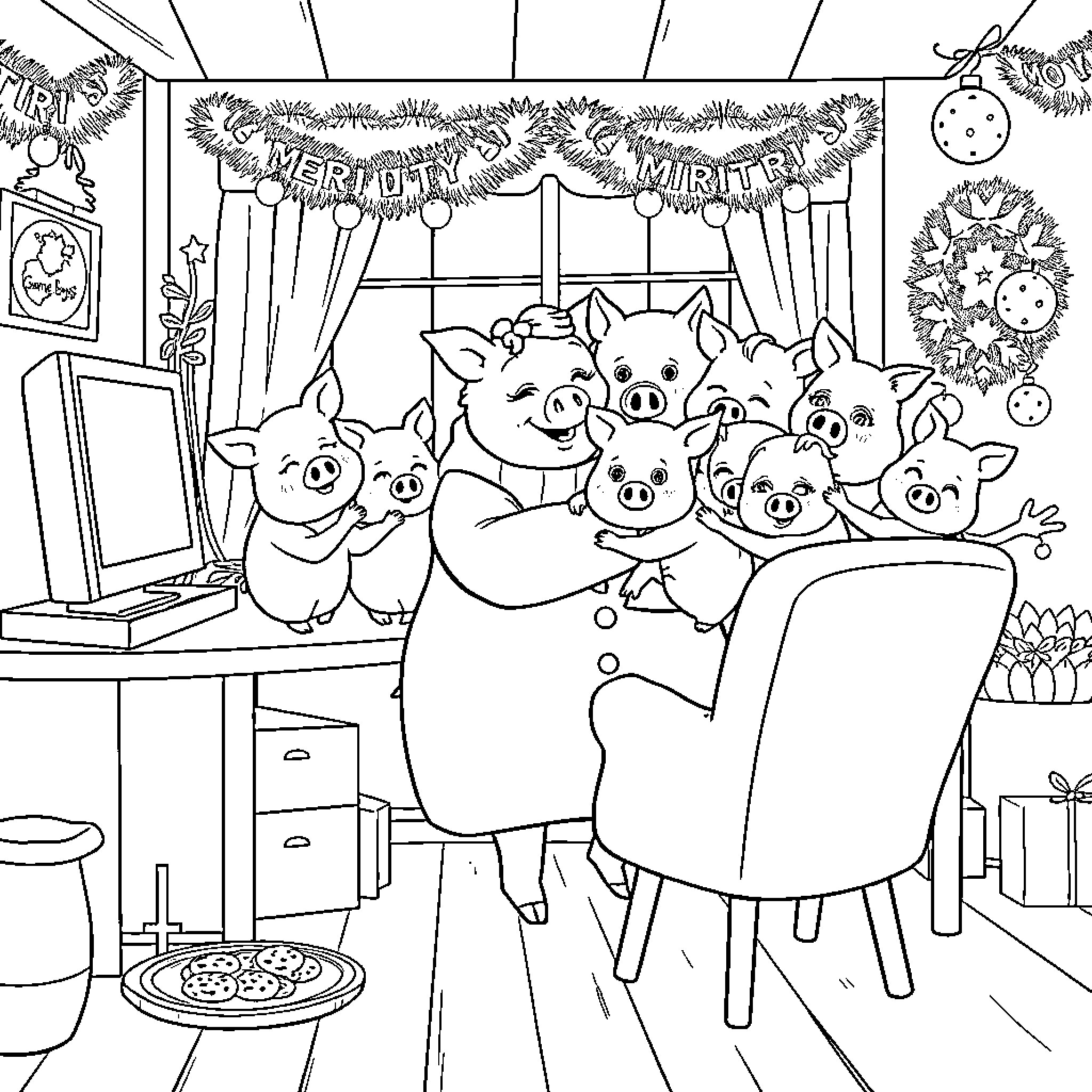 Pigs celebrating Christmas with decorations Coloring Page (free black-and-white line drawing printable PDF for all, from beginners to advanced learners, including children, teens, adults, and seniors)