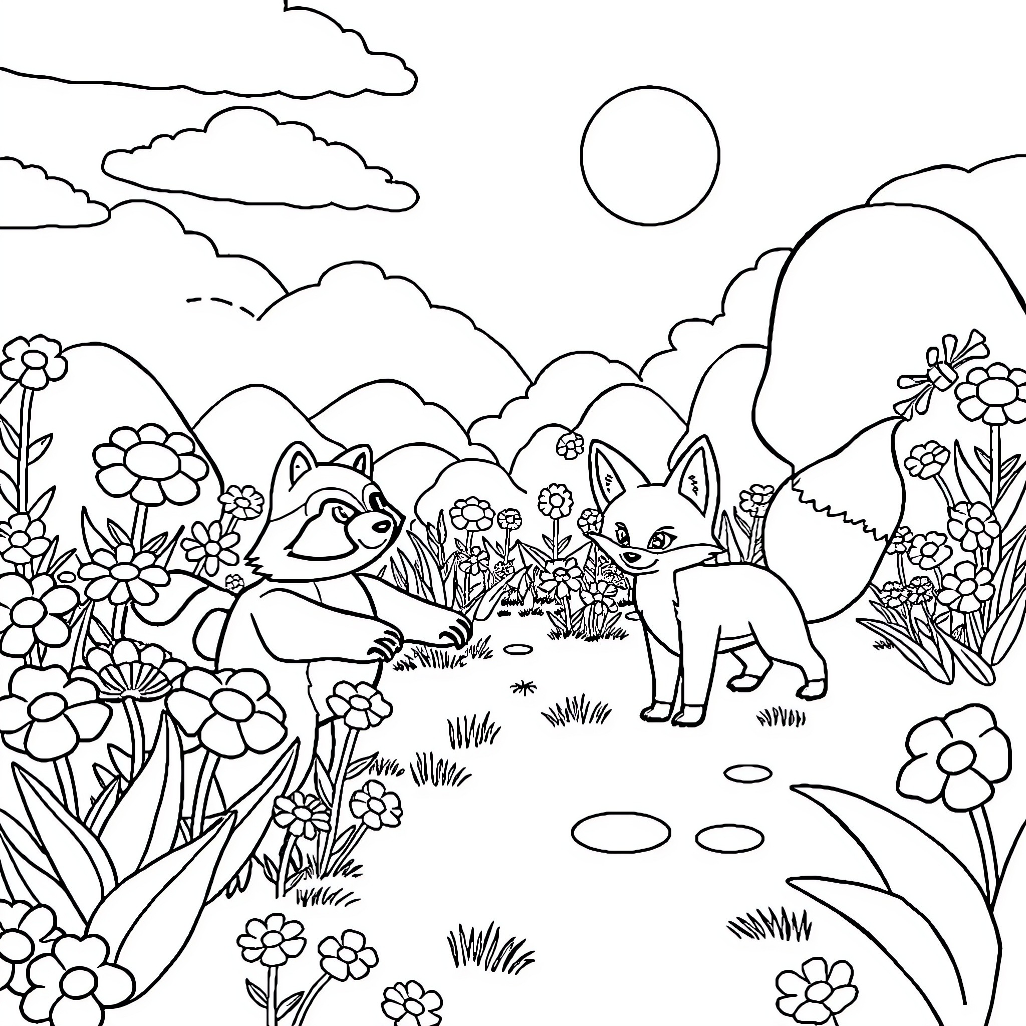 Garden scene with playful animals and flowers Coloring Page (free black-and-white line drawing printable PDF for all, from beginners to advanced learners, including children, teens, adults, and seniors)