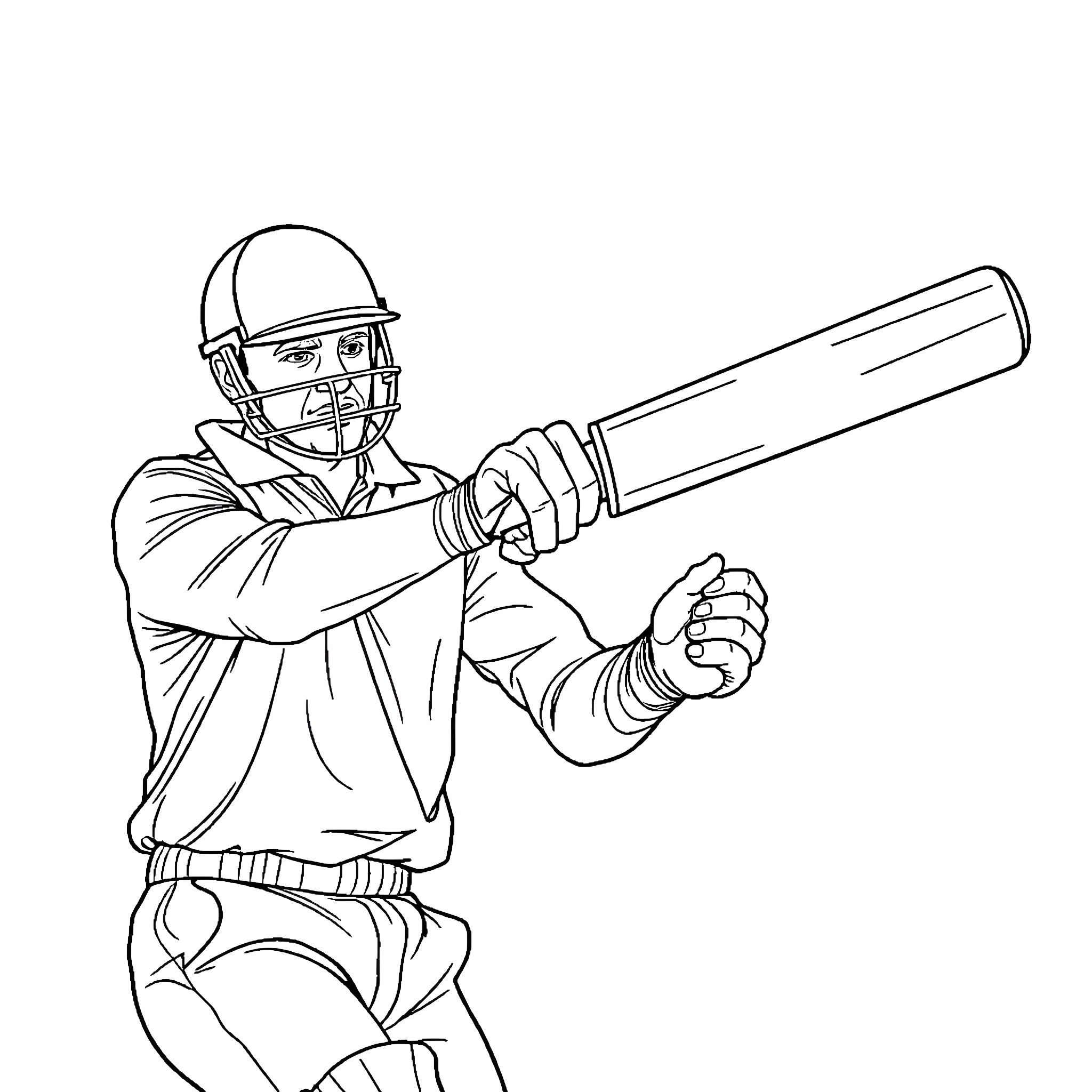 Cricketer batting with concentration Coloring Page (free black-and-white line drawing printable PDF for all, from beginners to advanced learners, including children, teens, adults, and seniors)