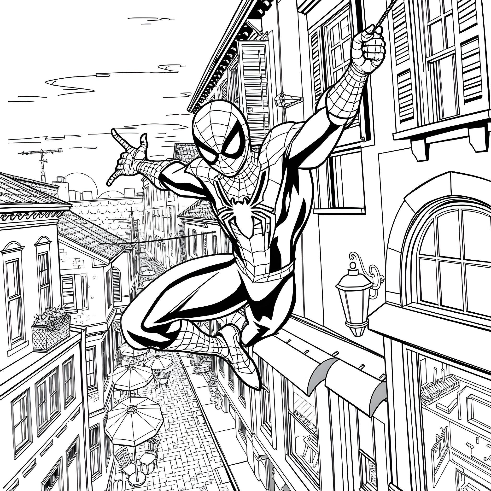 Spider-Man swinging through the city Coloring Page (free black-and-white line drawing printable PDF for all, from beginners to advanced learners, including children, teens, adults, and seniors)