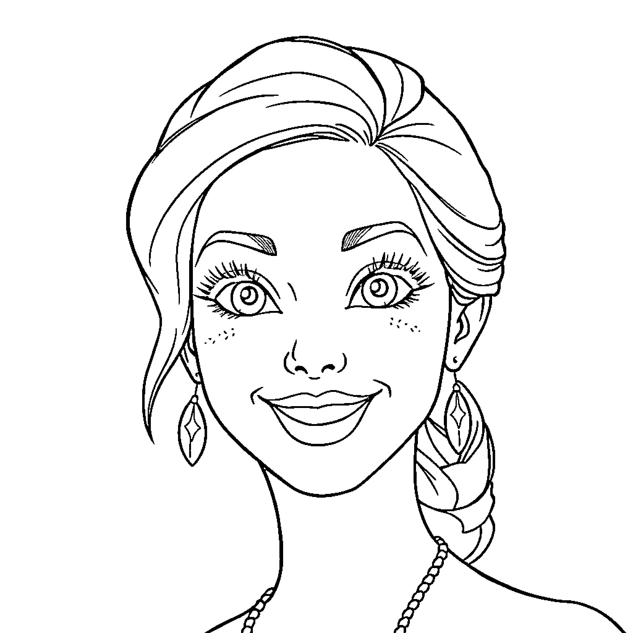 Eva's Smiling Portrait with Decorative Hairstyle Coloring Page (free black-and-white line drawing printable PDF for all, from beginners to advanced learners, including children, teens, adults, and seniors)