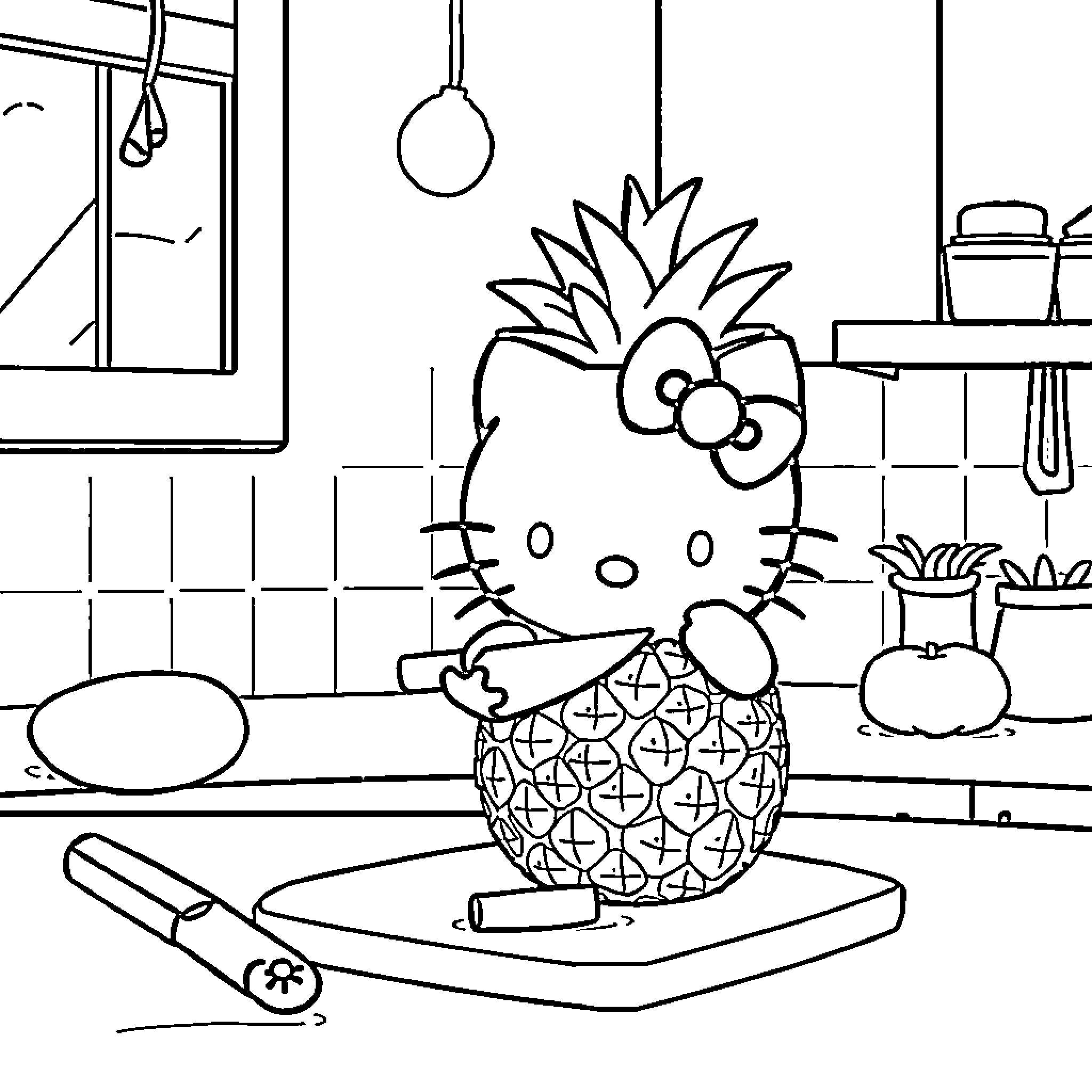 Hello Kitty sitting on a pineapple in the kitchen Coloring Page (free black-and-white line drawing printable PDF for all, from beginners to advanced learners, including children, teens, adults, and seniors)