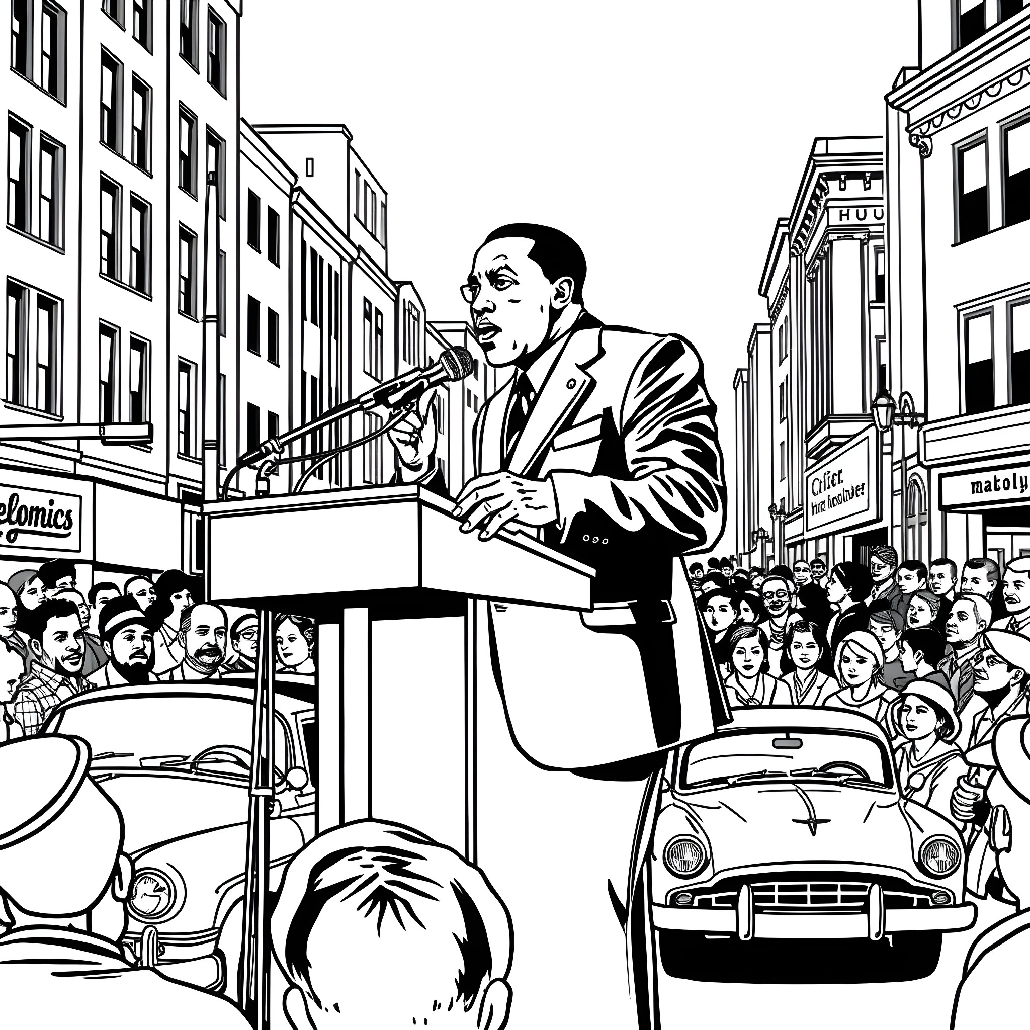 Malcolm X Delivering Powerful Speech to Adoring Crowd Coloring Page (free black-and-white line drawing printable PDF for all, from beginners to advanced learners, including children, teens, adults, and seniors)