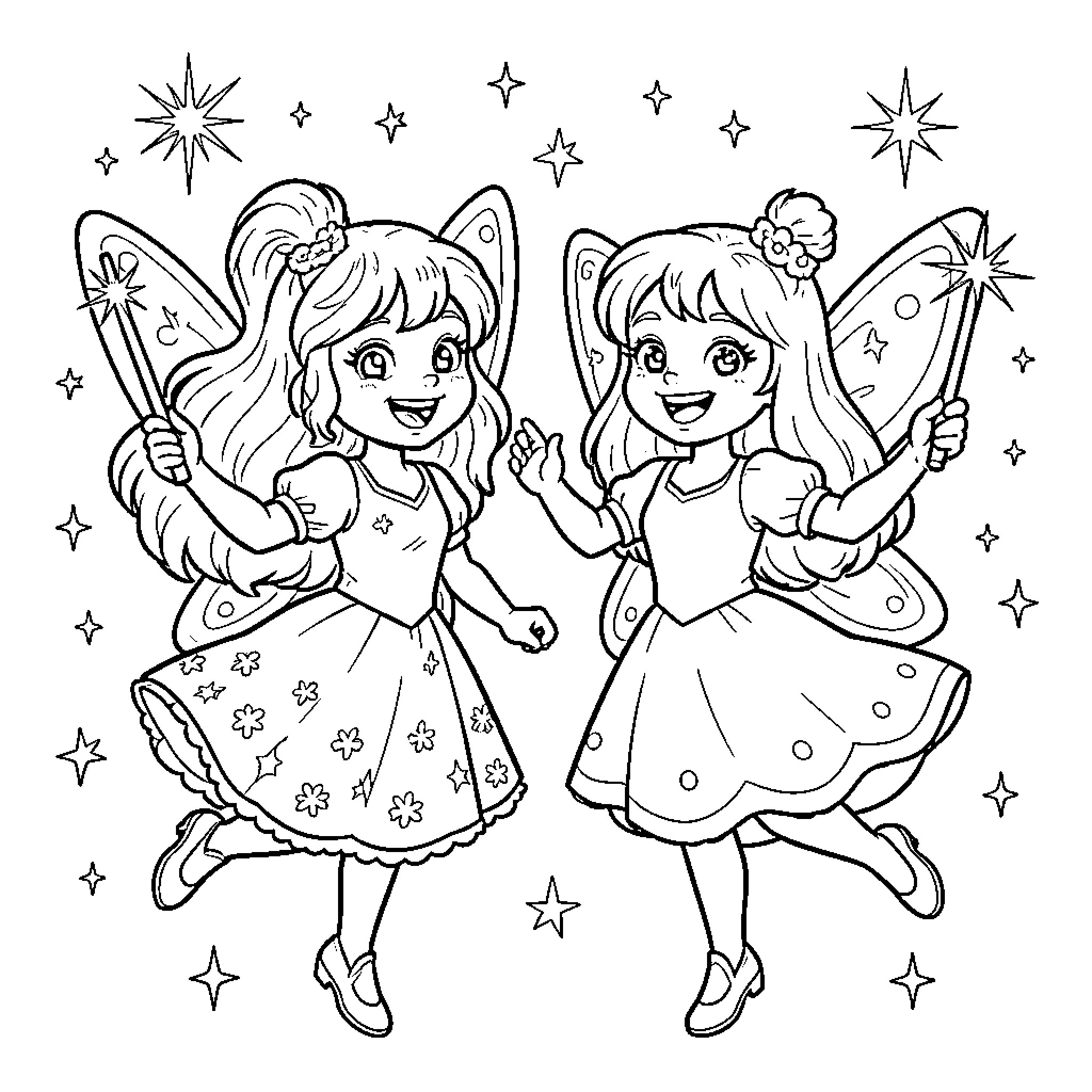Cosmo Fairy Friends Celebrate with Sparkles Coloring Page (free black-and-white line drawing printable PDF for all, from beginners to advanced learners, including children, teens, adults, and seniors)