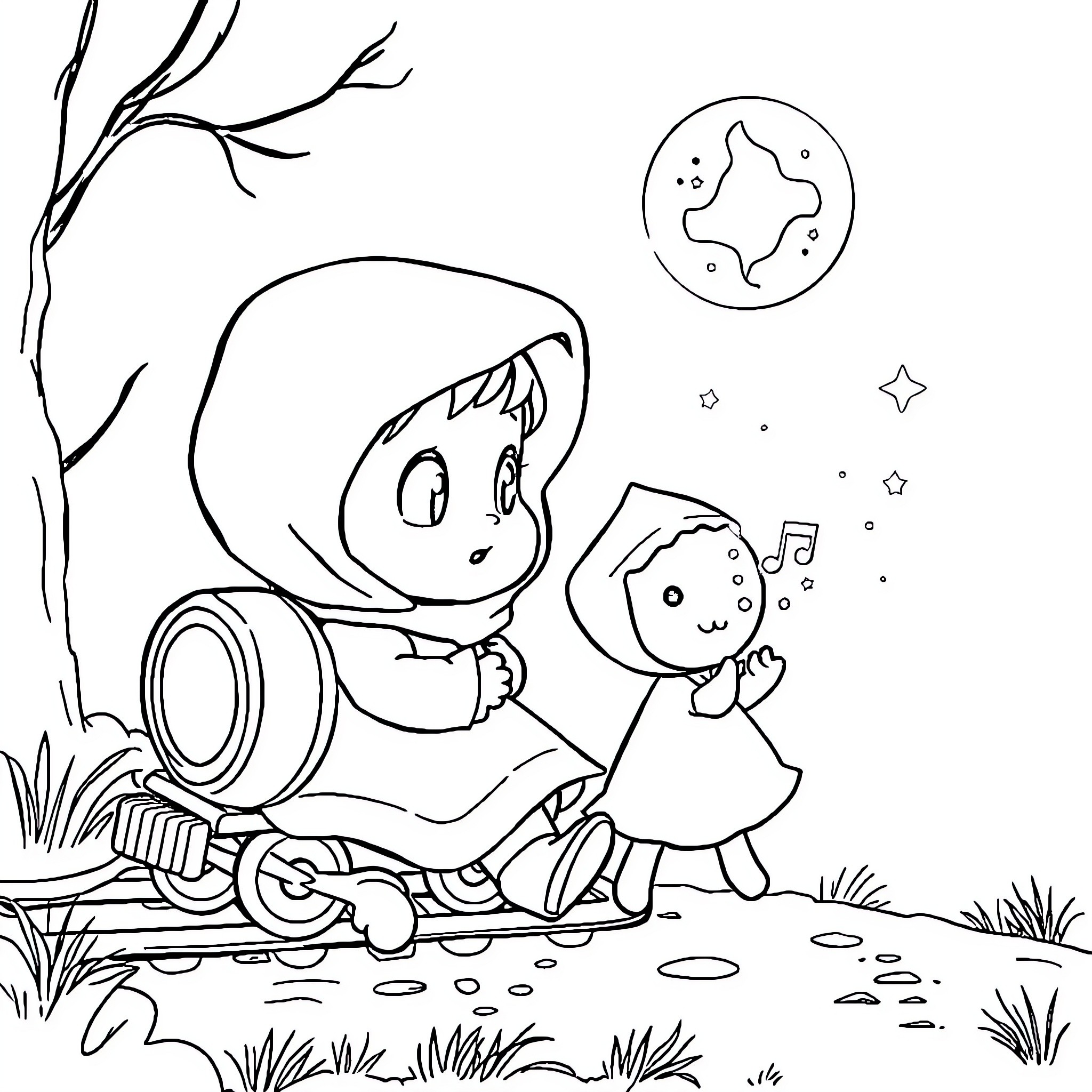 Booba's nighttime adventure with a friend Coloring Page (free black-and-white line drawing printable PDF for all, from beginners to advanced learners, including children, teens, adults, and seniors)