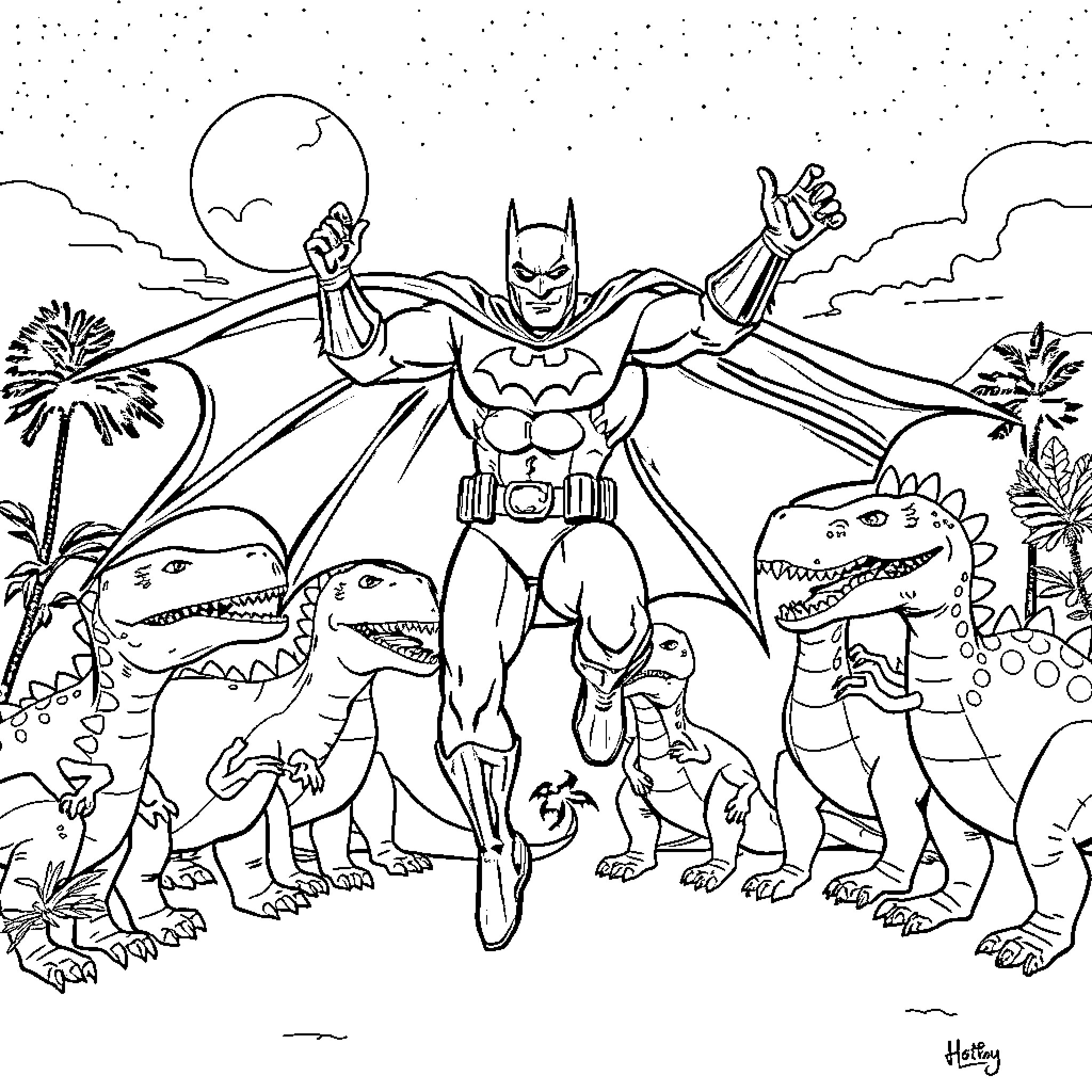 Batman battling dinosaurs in the jungle Coloring Page (free black-and-white line drawing printable PDF for all, from beginners to advanced learners, including children, teens, adults, and seniors)