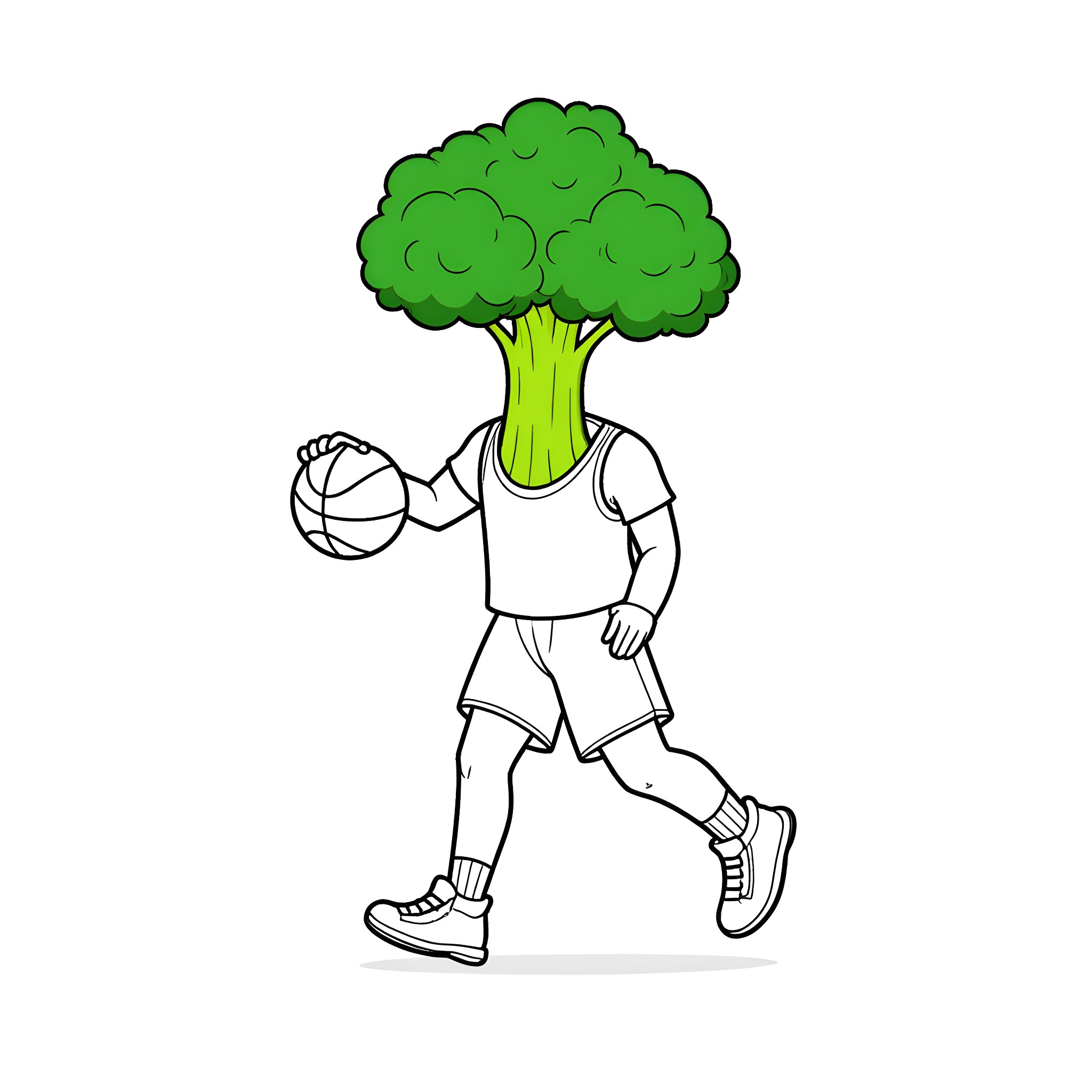 Broccoli playing basketball with enthusiasm Coloring Page (free black-and-white line drawing printable PDF for all, from beginners to advanced learners, including children, teens, adults, and seniors)