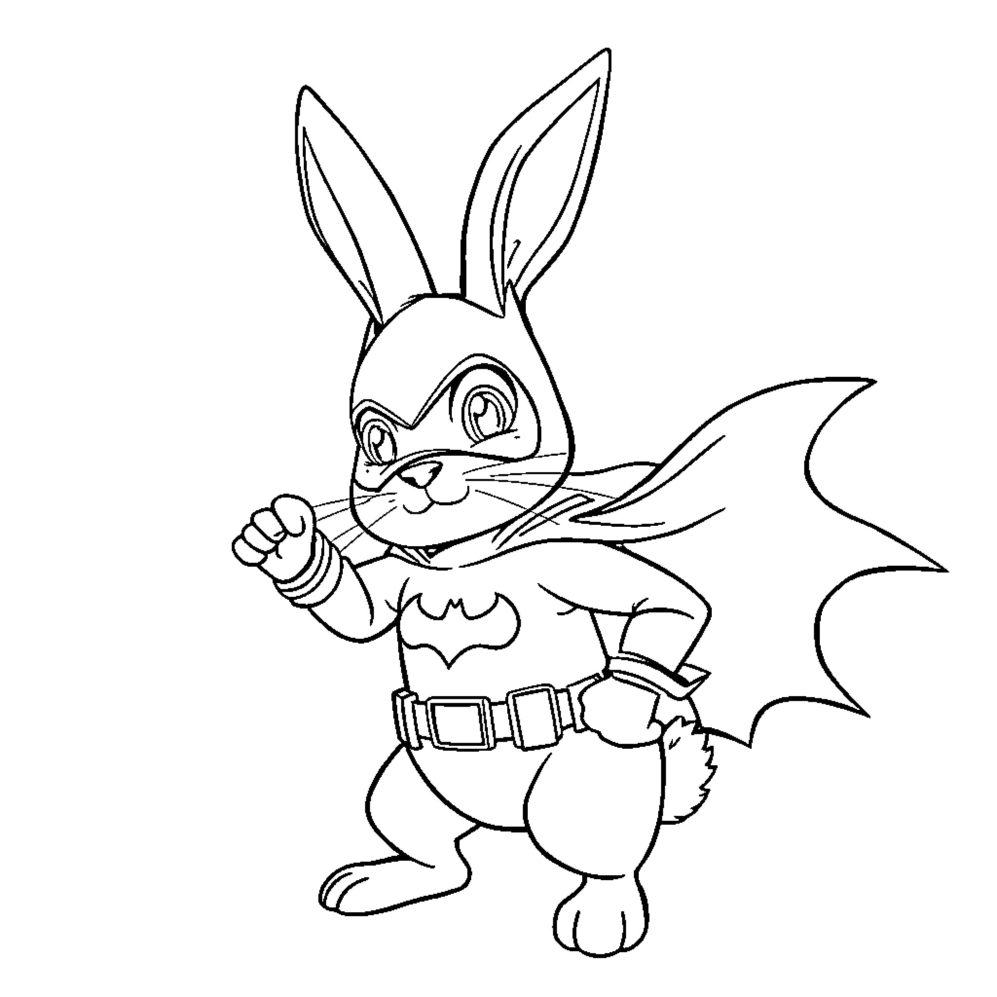 Rabbit superhero in action pose Coloring Page (free black-and-white line drawing printable PDF for all, from beginners to advanced learners, including children, teens, adults, and seniors)