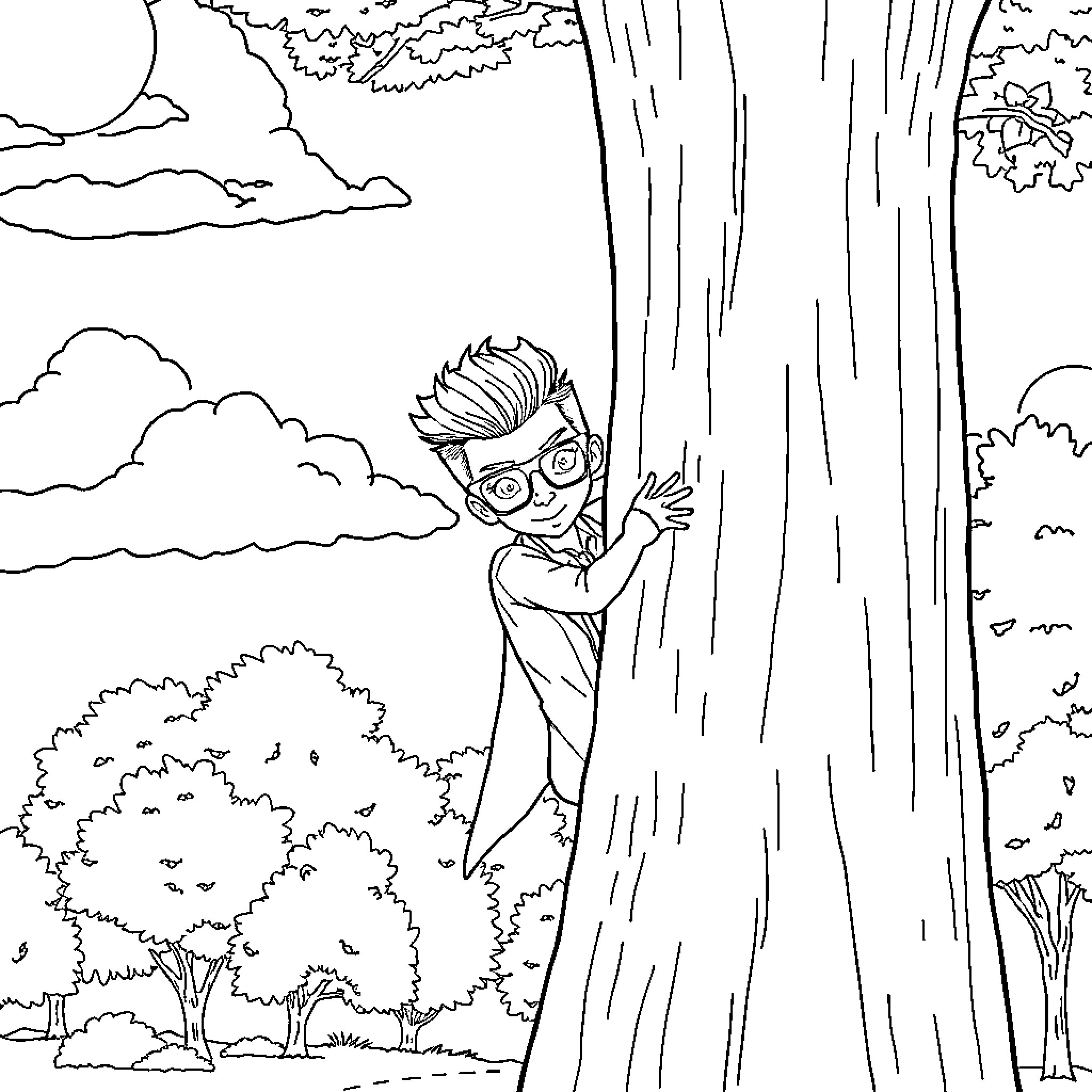 Zoolander attempts to camouflage in the forest Coloring Page (free black-and-white line drawing printable PDF for all, from beginners to advanced learners, including children, teens, adults, and seniors)