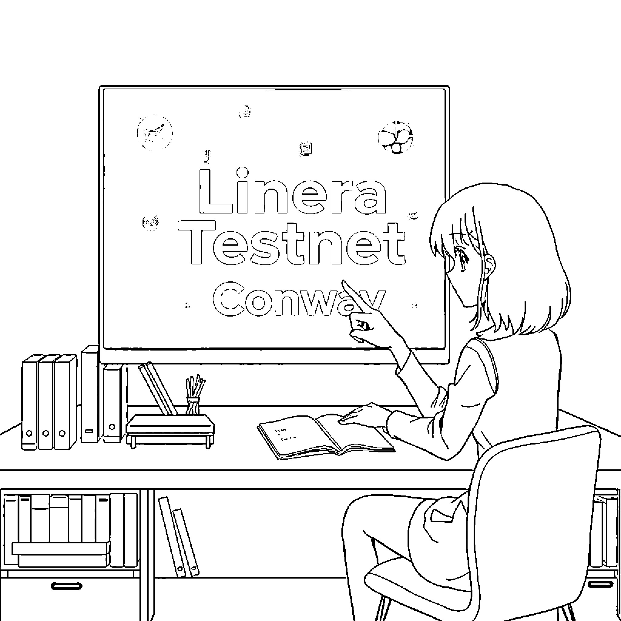 Girl studying diligently at her desk Coloring Page (free black-and-white line drawing printable PDF for all, from beginners to advanced learners, including children, teens, adults, and seniors)