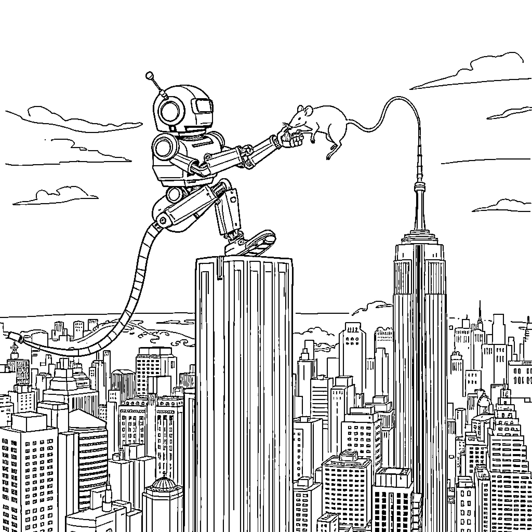 Robot exploring and interacting with a city skyline Coloring Page (free black-and-white line drawing printable PDF for all, from beginners to advanced learners, including children, teens, adults, and seniors)