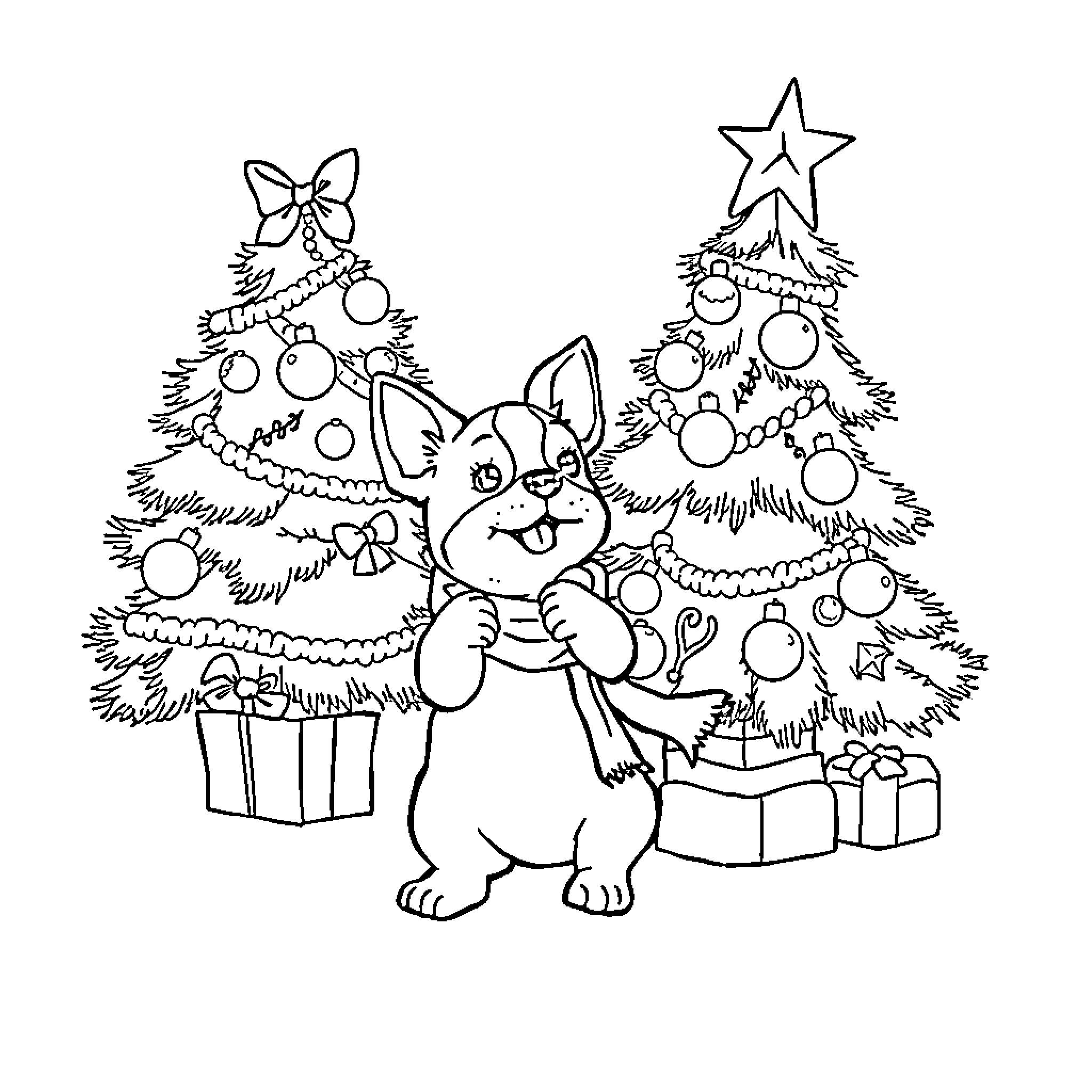 Puppy playing near decorated Christmas trees Coloring Page (free black-and-white line drawing printable PDF for all, from beginners to advanced learners, including children, teens, adults, and seniors)