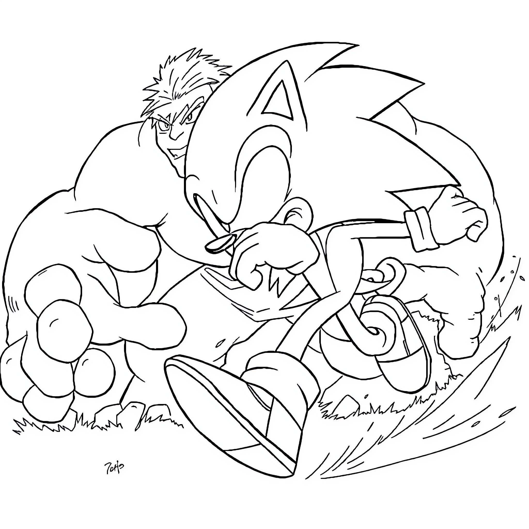 Sonic speeding through a dynamic landscape Coloring Page (free black-and-white line drawing printable PDF for all, from beginners to advanced learners, including children, teens, adults, and seniors)
