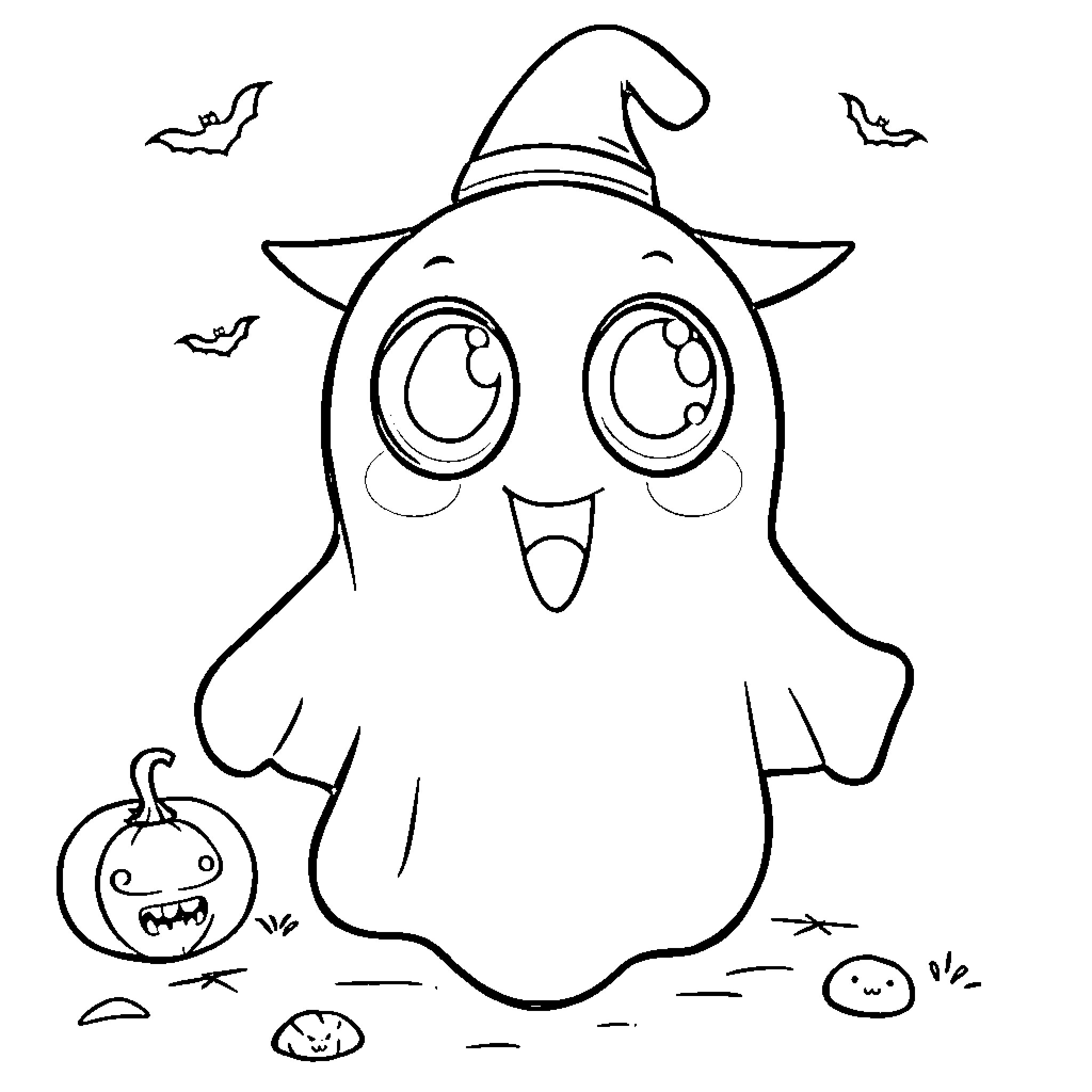 Ghost enjoying Halloween with pumpkins and bats Coloring Page (free black-and-white line drawing printable PDF for all, from beginners to advanced learners, including children, teens, adults, and seniors)