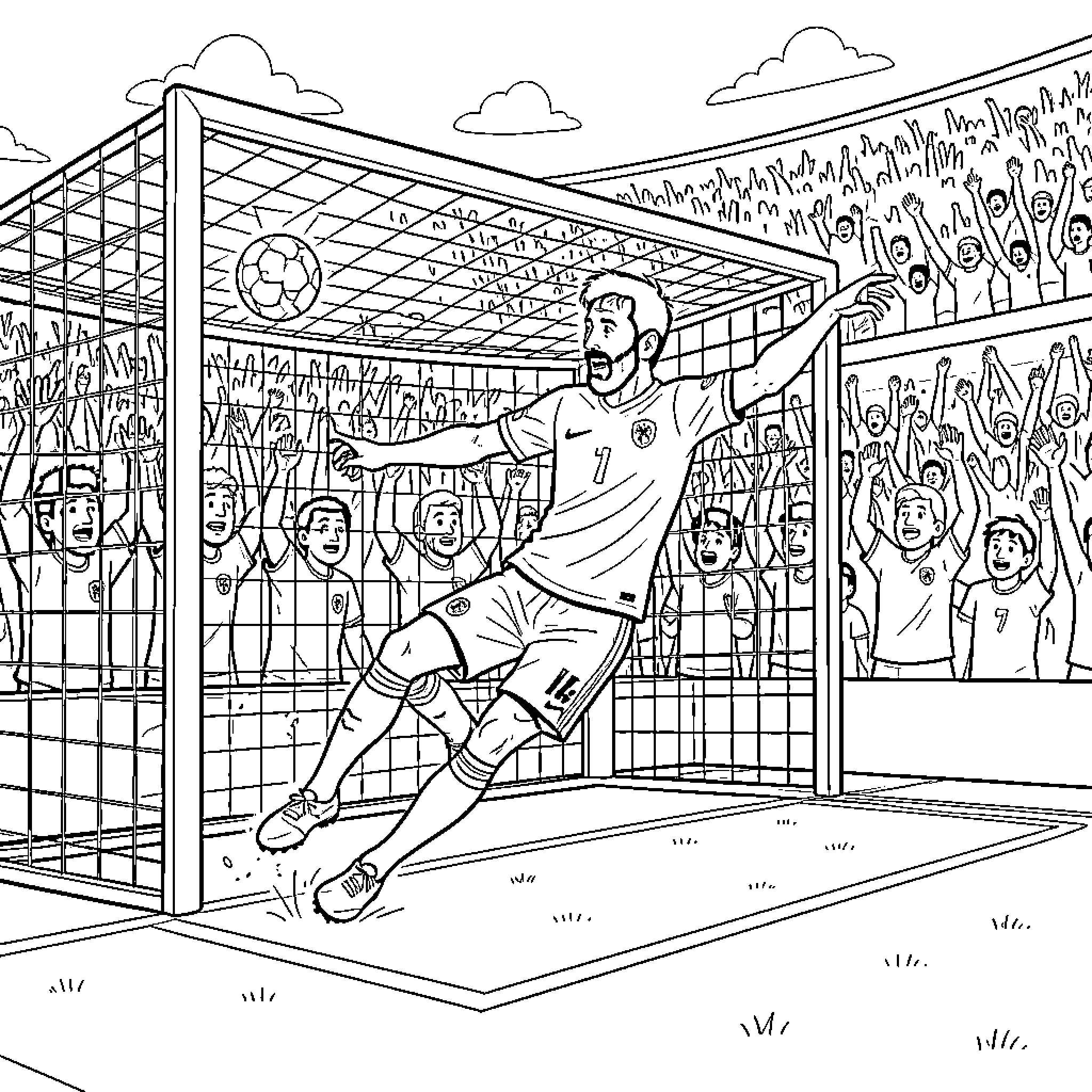 Messi Celebrating a Goal on the Soccer Field Coloring Page (free black-and-white line drawing printable PDF for all, from beginners to advanced learners, including children, teens, adults, and seniors)