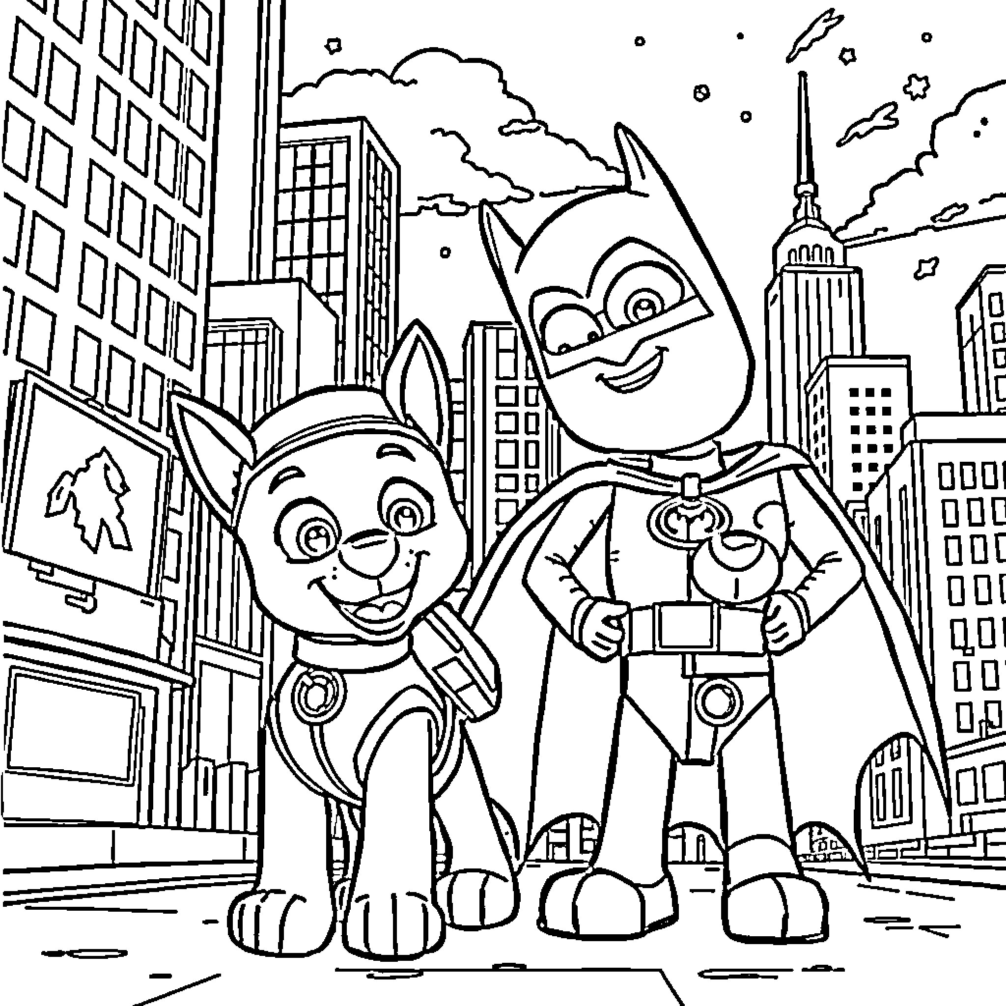 Paw Patrol superheroes saving the city Coloring Page (free black-and-white line drawing printable PDF for all, from beginners to advanced learners, including children, teens, adults, and seniors)
