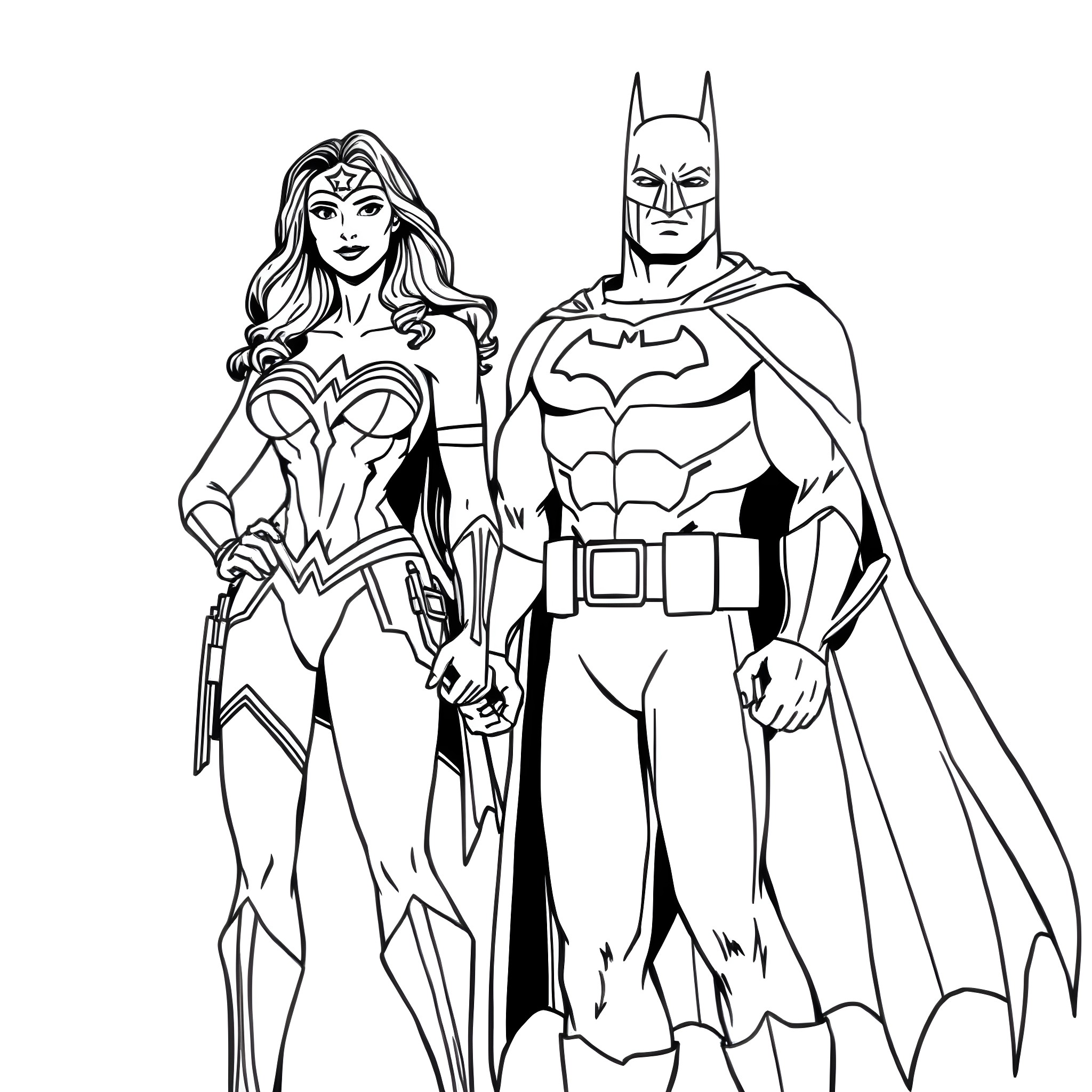 Wonder Woman and Batman in heroic poses Coloring Page (free black-and-white line drawing printable PDF for all, from beginners to advanced learners, including children, teens, adults, and seniors)