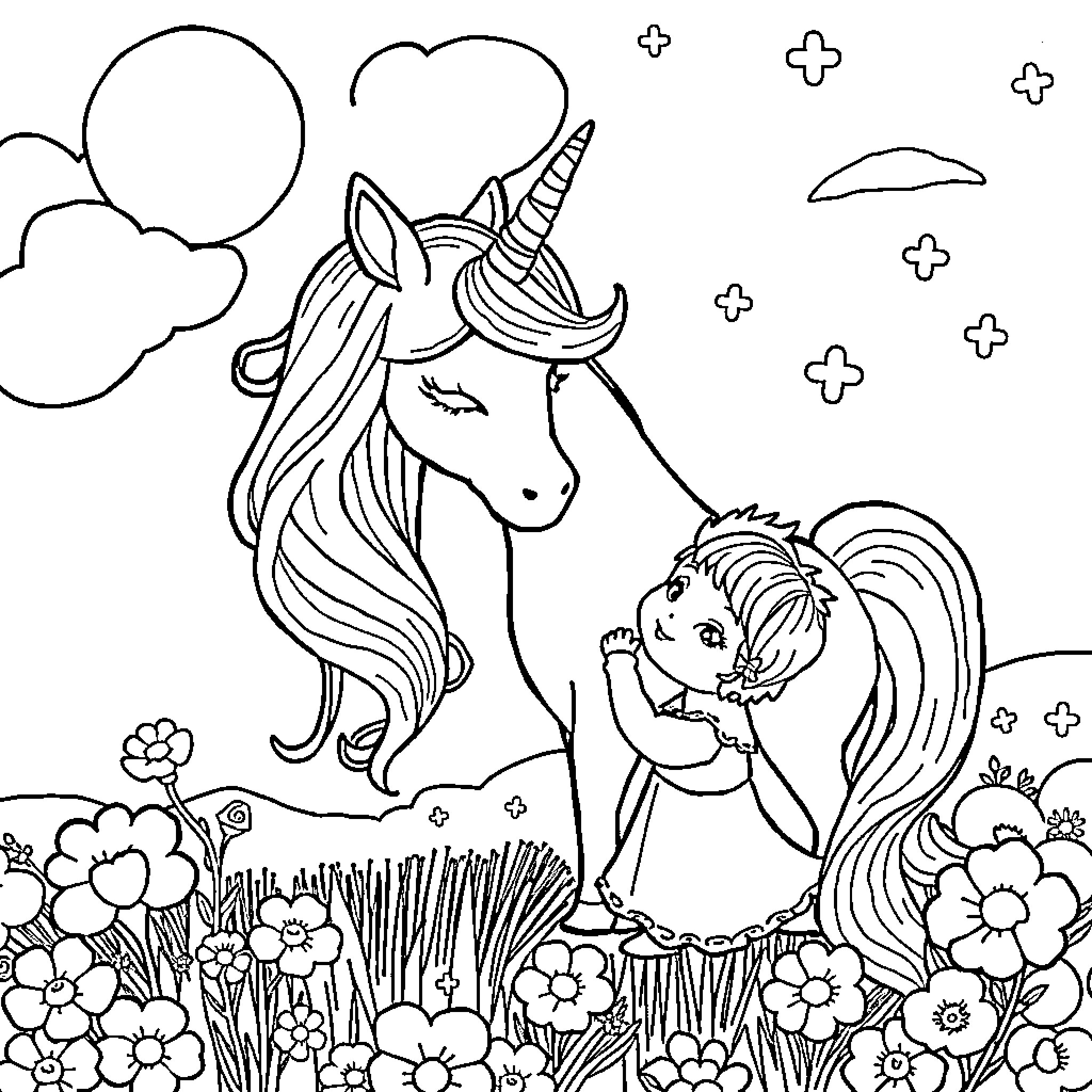 Unicorn and child playing in floral meadow Coloring Page (free black-and-white line drawing printable PDF for all, from beginners to advanced learners, including children, teens, adults, and seniors)