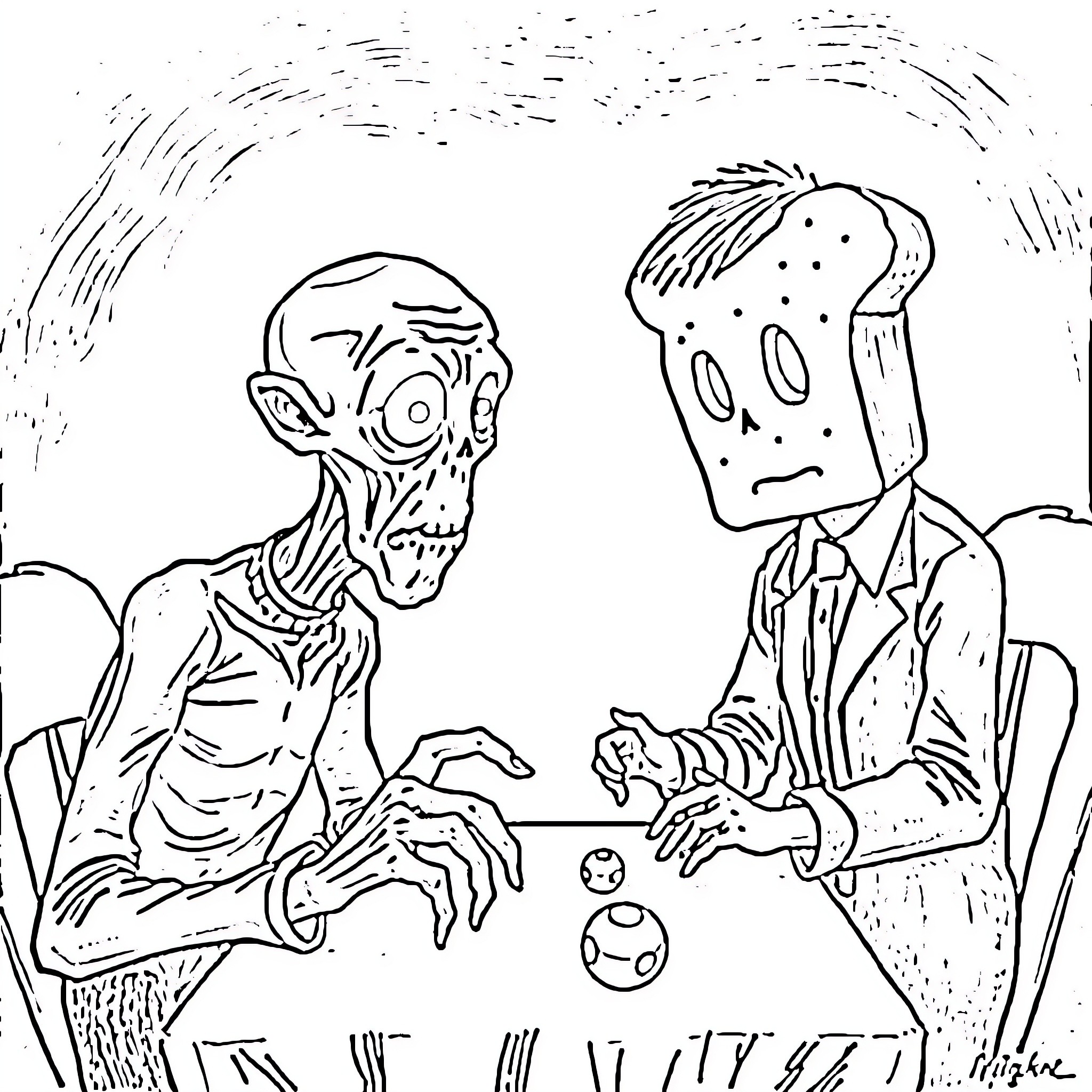 Salad Fingers interacting with a peculiar character Coloring Page (free black-and-white line drawing printable PDF for all, from beginners to advanced learners, including children, teens, adults, and seniors)