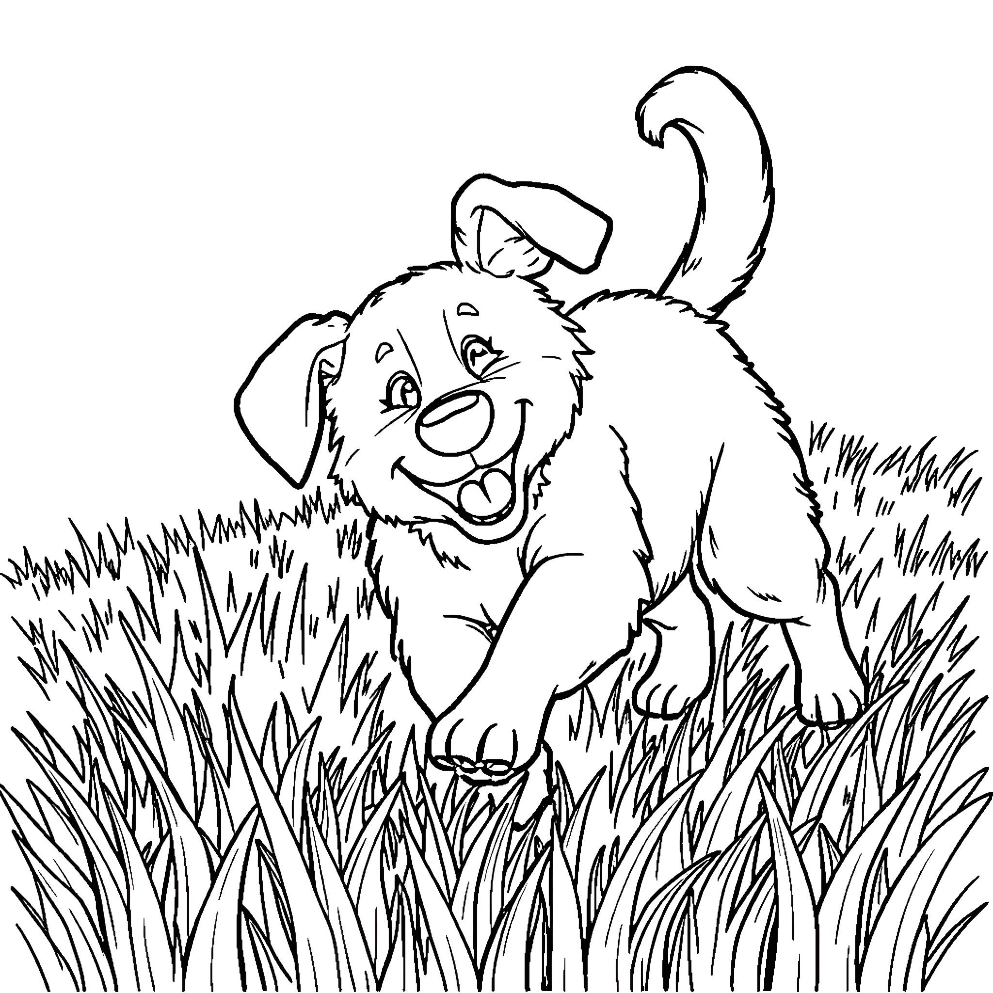 Dog playing happily in the grass Coloring Page (free black-and-white line drawing printable PDF for all, from beginners to advanced learners, including children, teens, adults, and seniors)