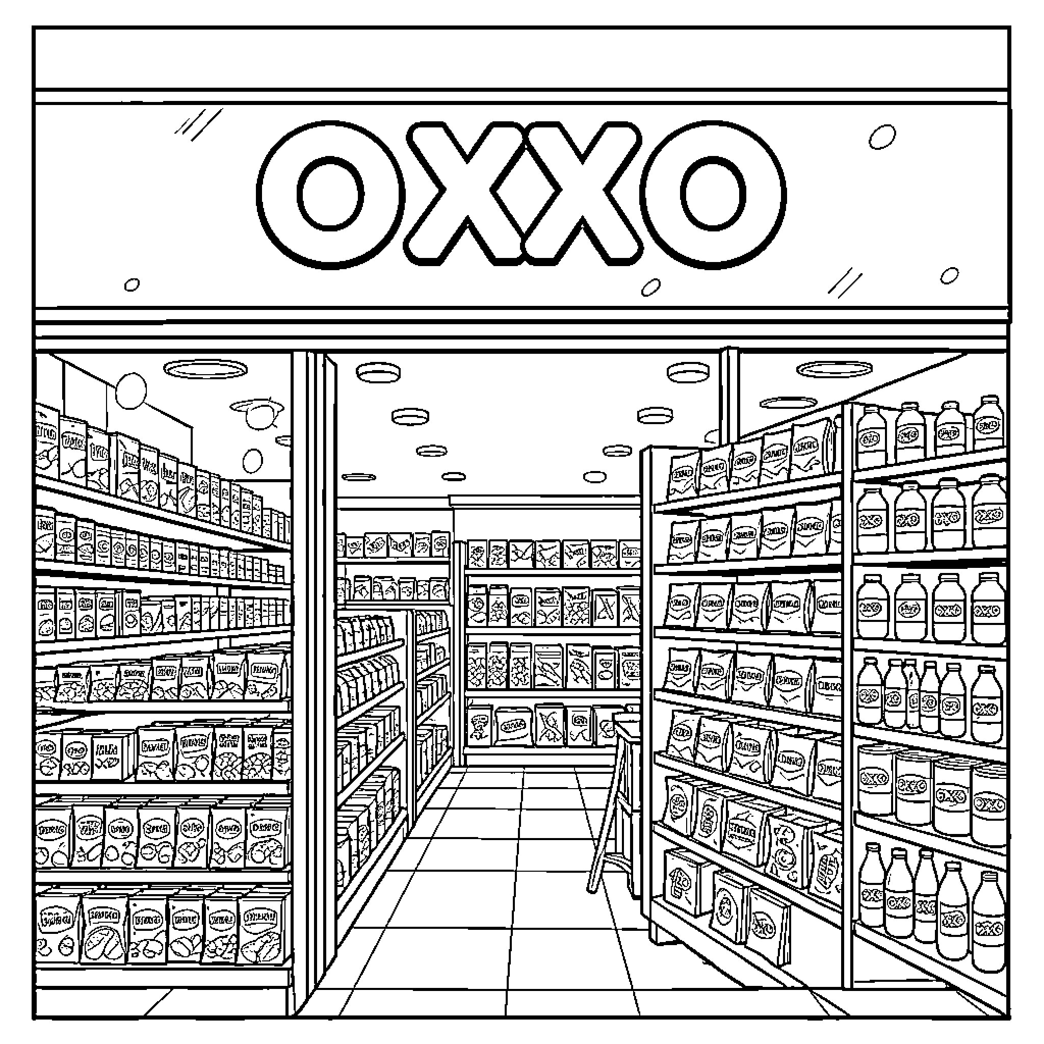 OXXO Supermarket Interior with Shelves and Products Coloring Page (free black-and-white line drawing printable PDF for all, from beginners to advanced learners, including children, teens, adults, and seniors)