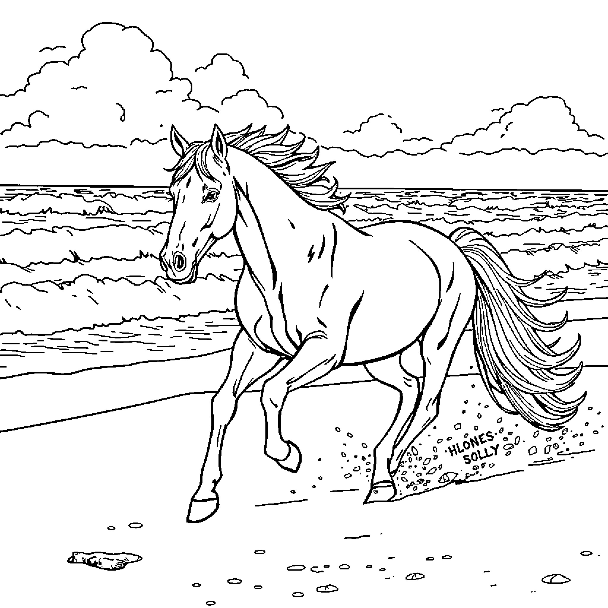Horse running freely on the beach Coloring Page (free black-and-white line drawing printable PDF for all, from beginners to advanced learners, including children, teens, adults, and seniors)