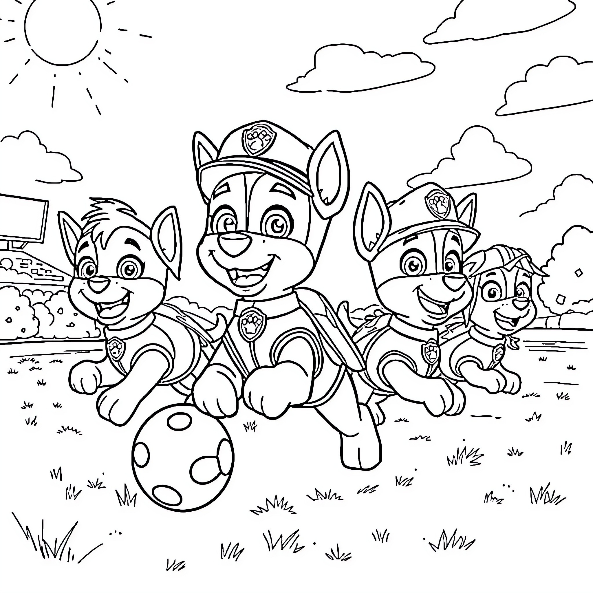 Paw Patrol puppies playing with a soccer ball outdoors Coloring Page (free black-and-white line drawing printable PDF for all, from beginners to advanced learners, including children, teens, adults, and seniors)