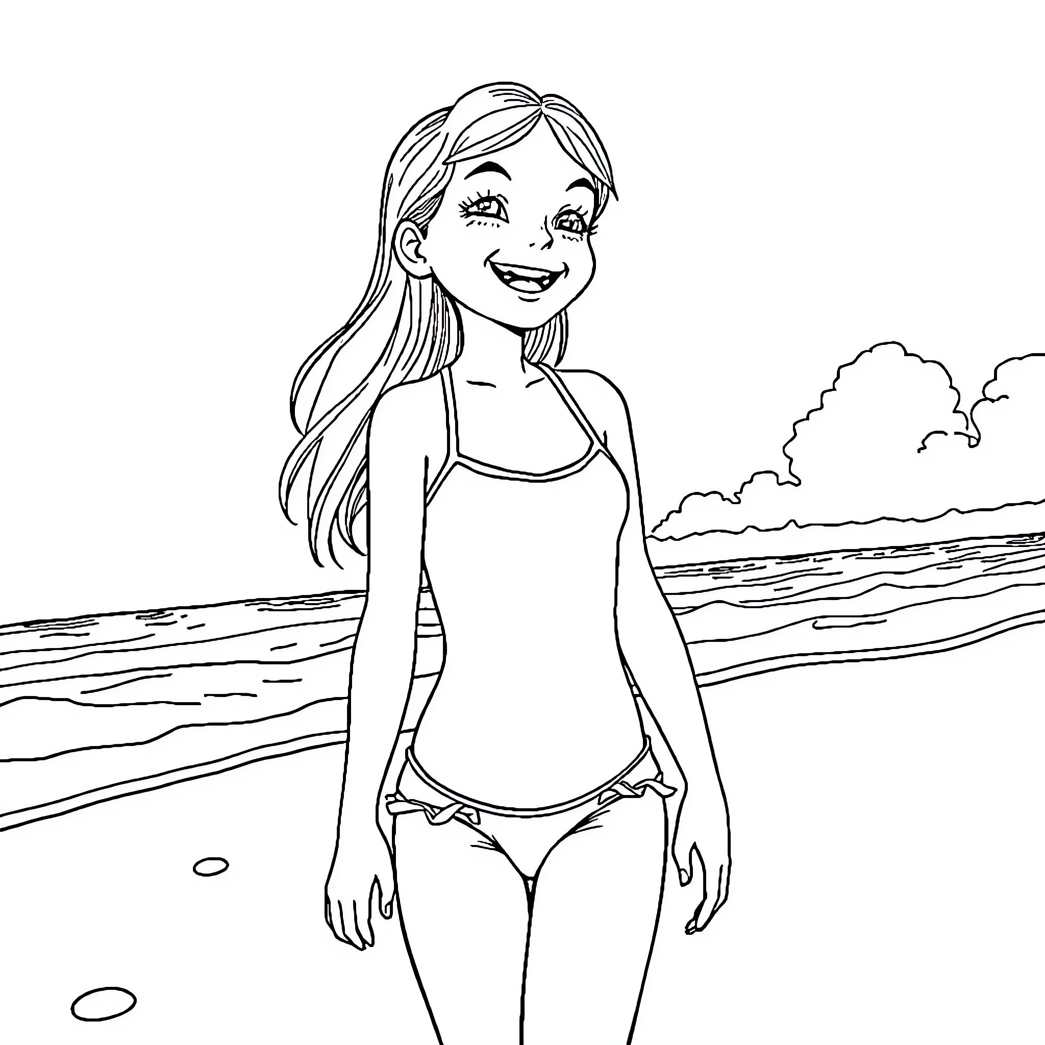 Girl enjoying a sunny day at the beach Coloring Page (free black-and-white line drawing printable PDF for all, from beginners to advanced learners, including children, teens, adults, and seniors)