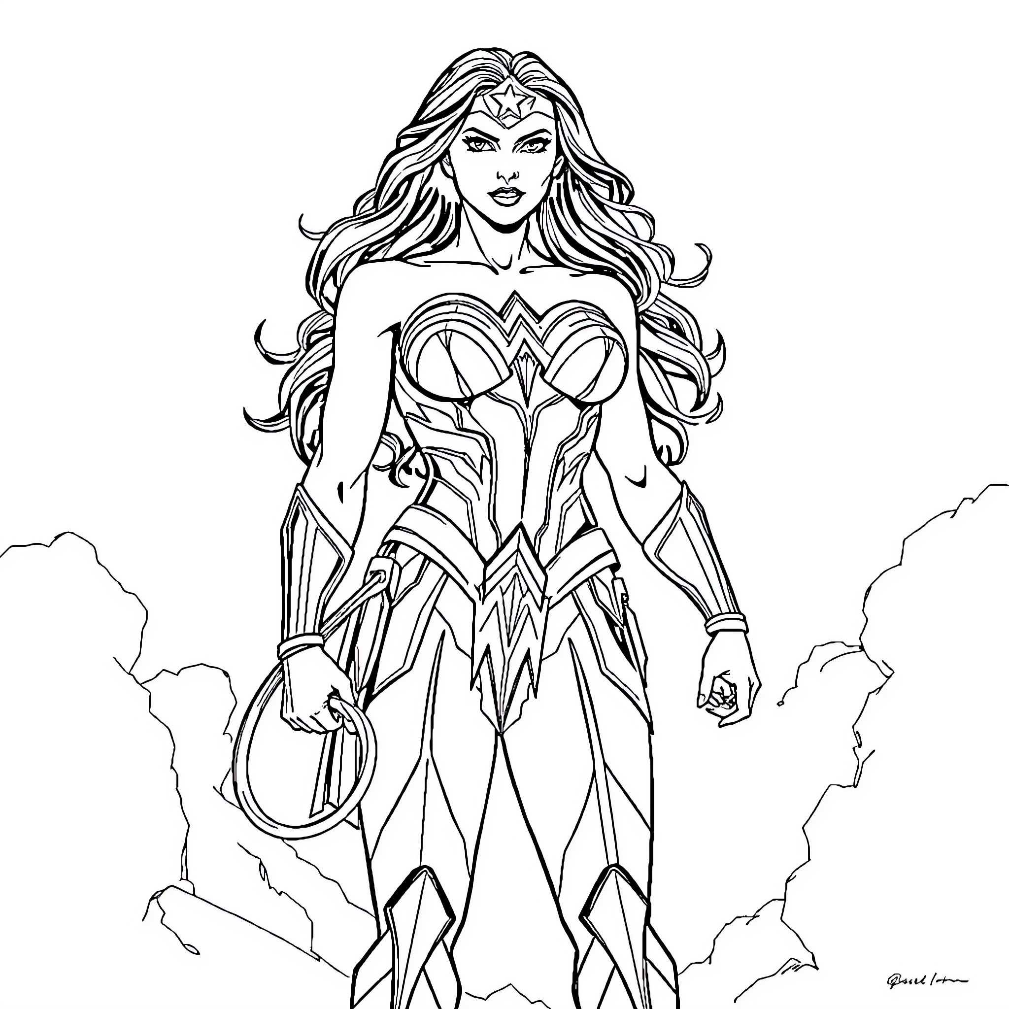 Wonder Woman heroically stands amidst thunderstorms Coloring Page (free black-and-white line drawing printable PDF for all, from beginners to advanced learners, including children, teens, adults, and seniors)