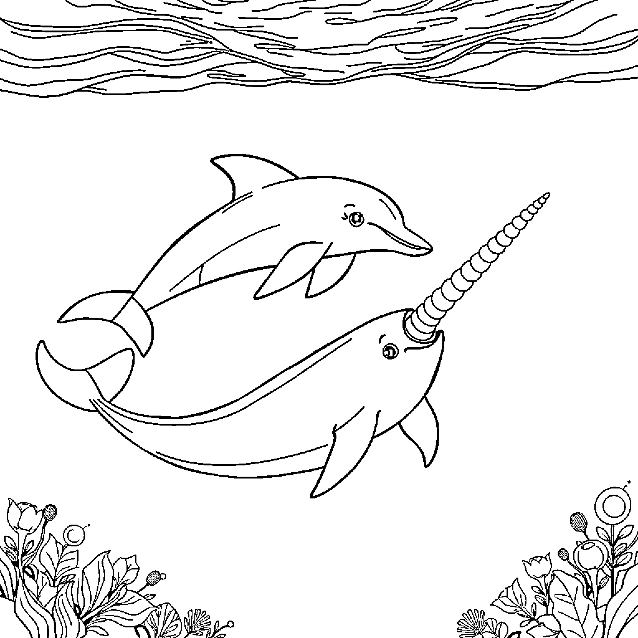 Dolphin swimming with a magical unicorn horn Coloring Page (free black-and-white line drawing printable PDF for all, from beginners to advanced learners, including children, teens, adults, and seniors)