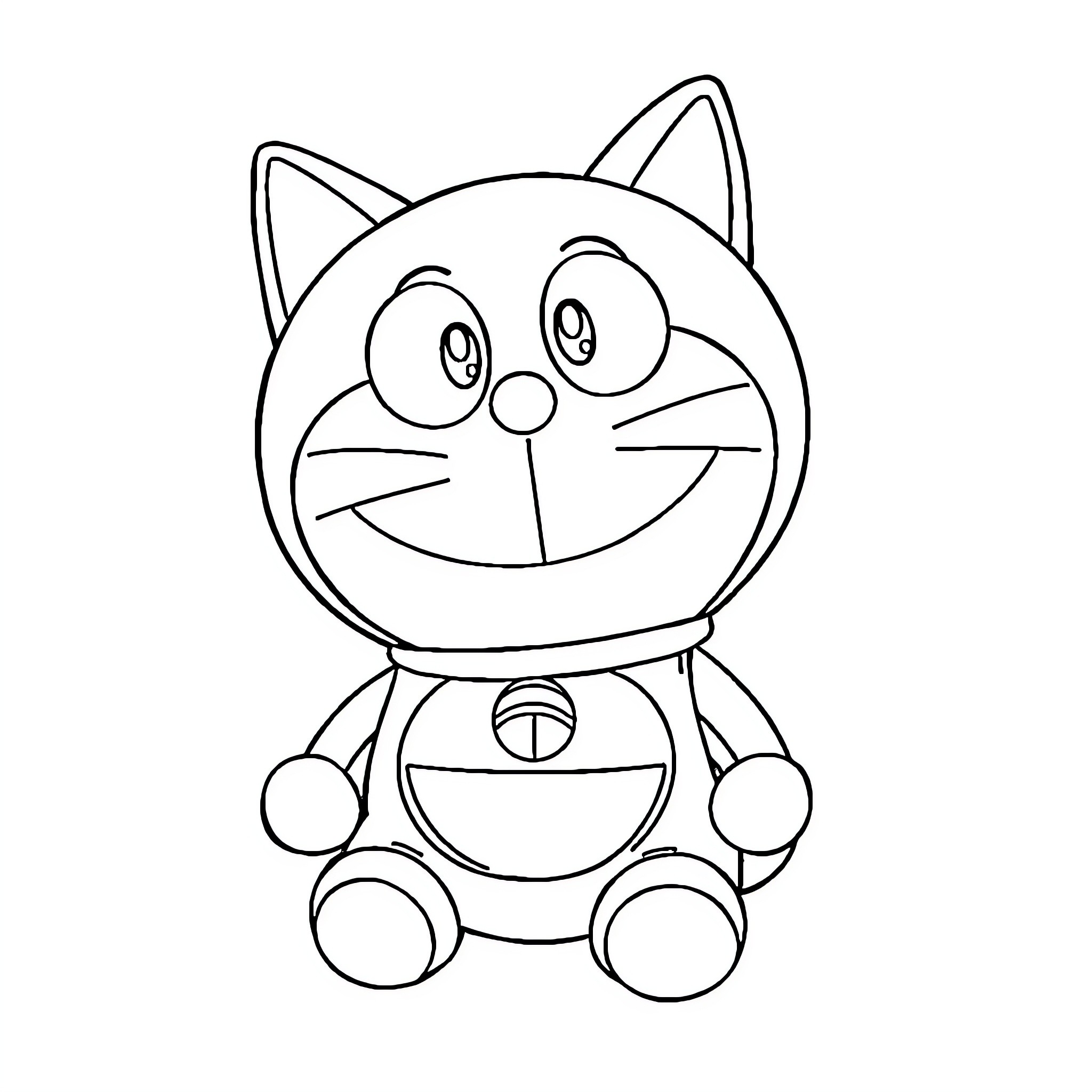 Doraemon with a cheerful expression Coloring Page (free black-and-white line drawing printable PDF for all, from beginners to advanced learners, including children, teens, adults, and seniors)