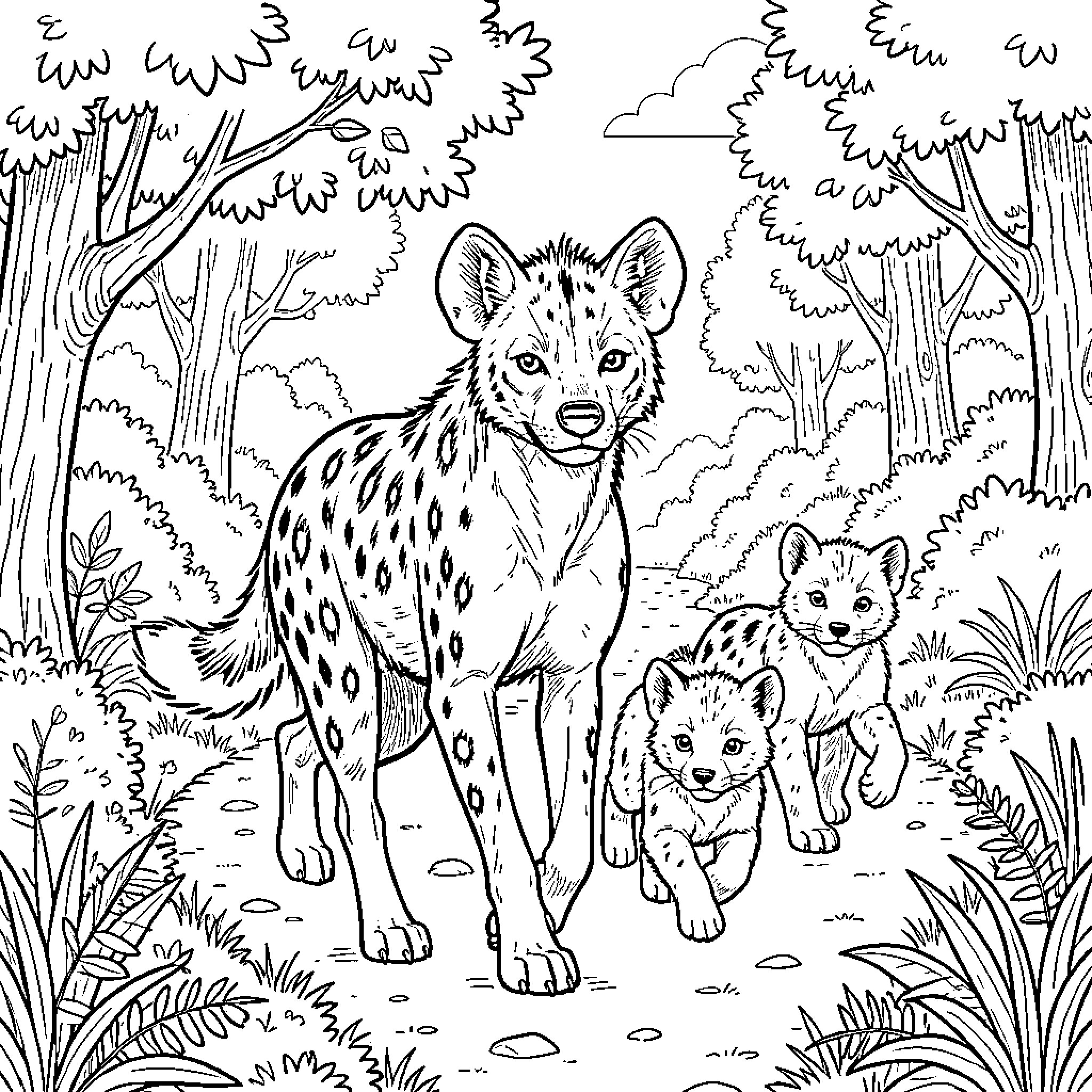 Hyena walking through a forest with its cubs Coloring Page (free black-and-white line drawing printable PDF for all, from beginners to advanced learners, including children, teens, adults, and seniors)