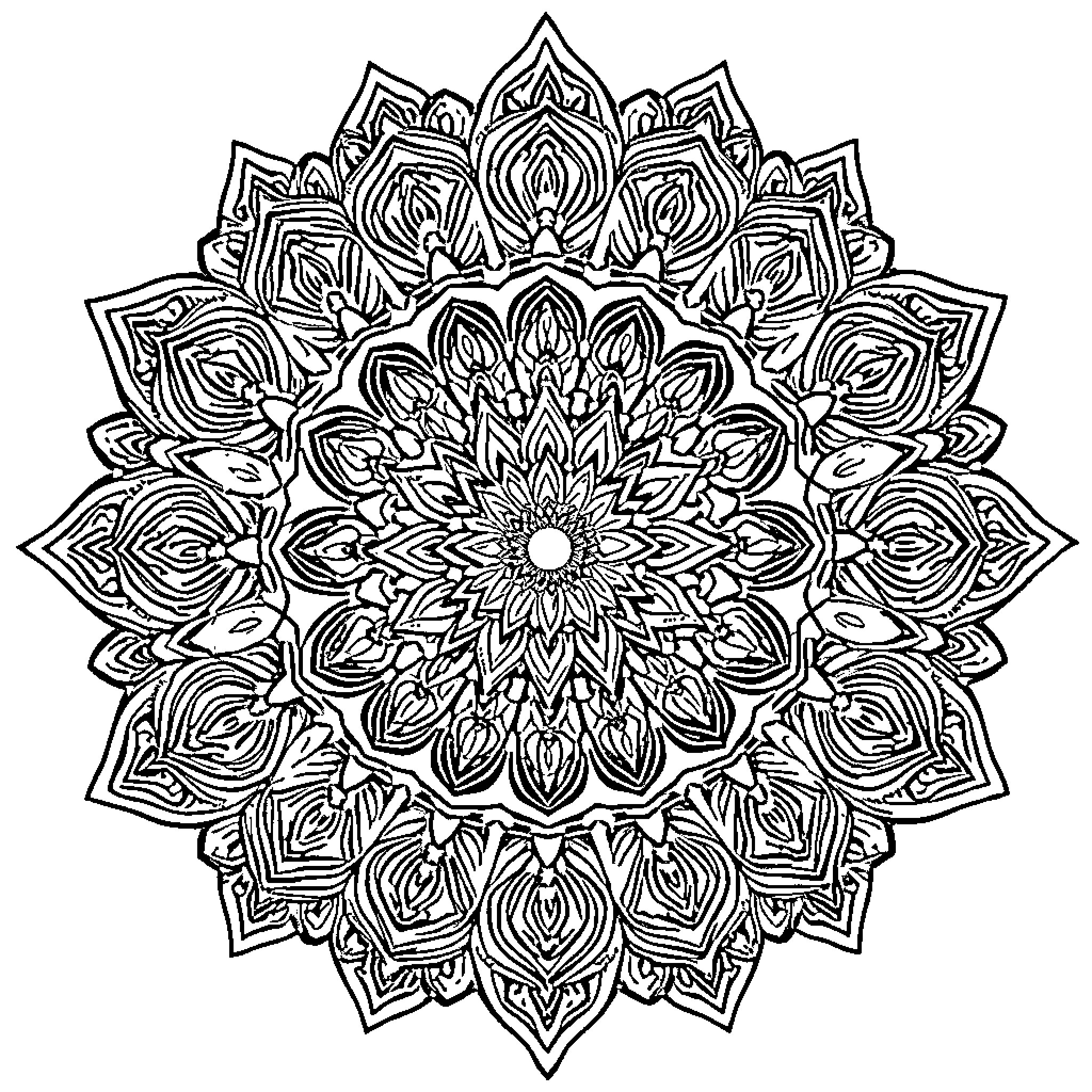 Mandala of intricate floral patterns Coloring Page (free black-and-white line drawing printable PDF for all, from beginners to advanced learners, including children, teens, adults, and seniors)