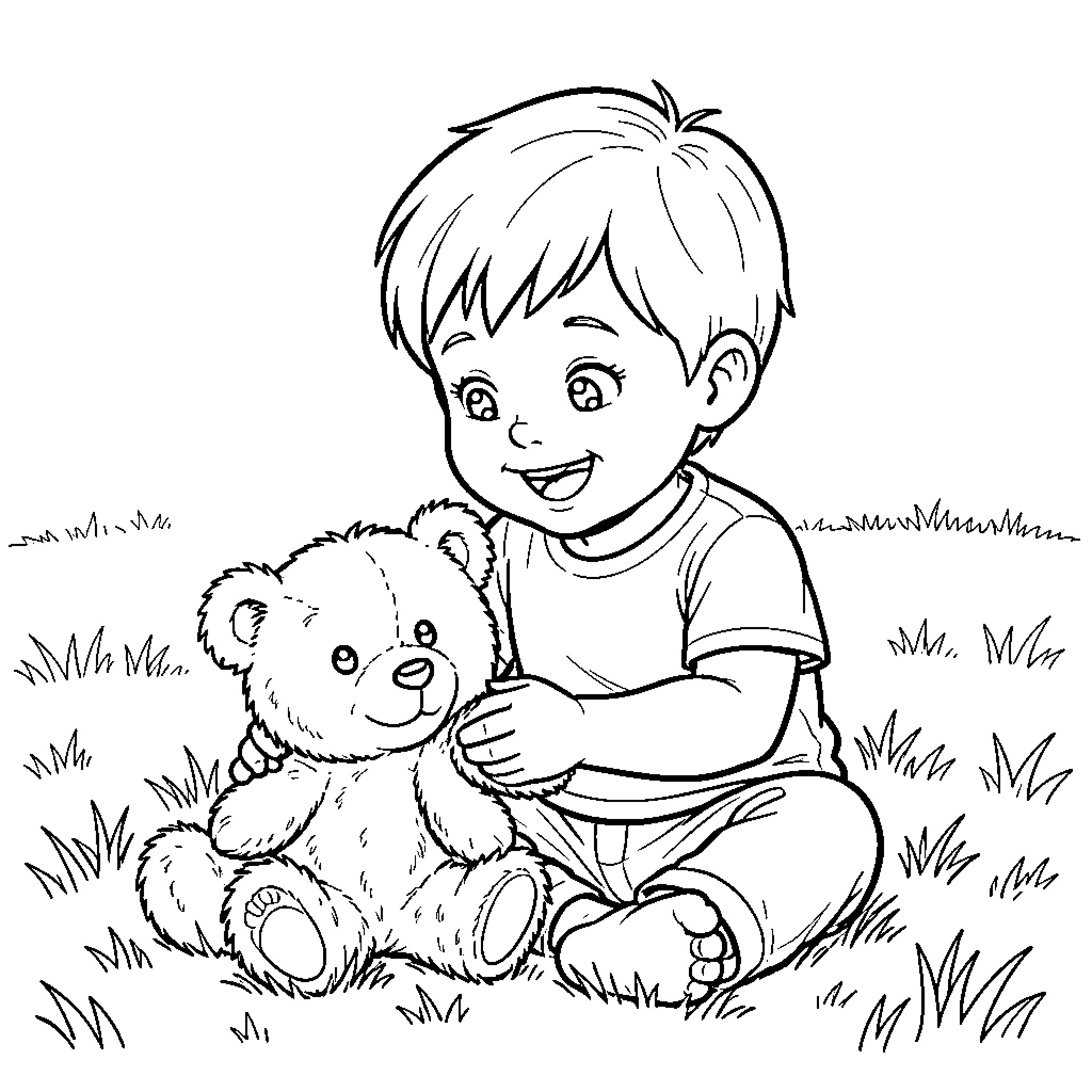 Child playing with stuffed toy in grassy field Coloring Page (free black-and-white line drawing printable PDF for all, from beginners to advanced learners, including children, teens, adults, and seniors)