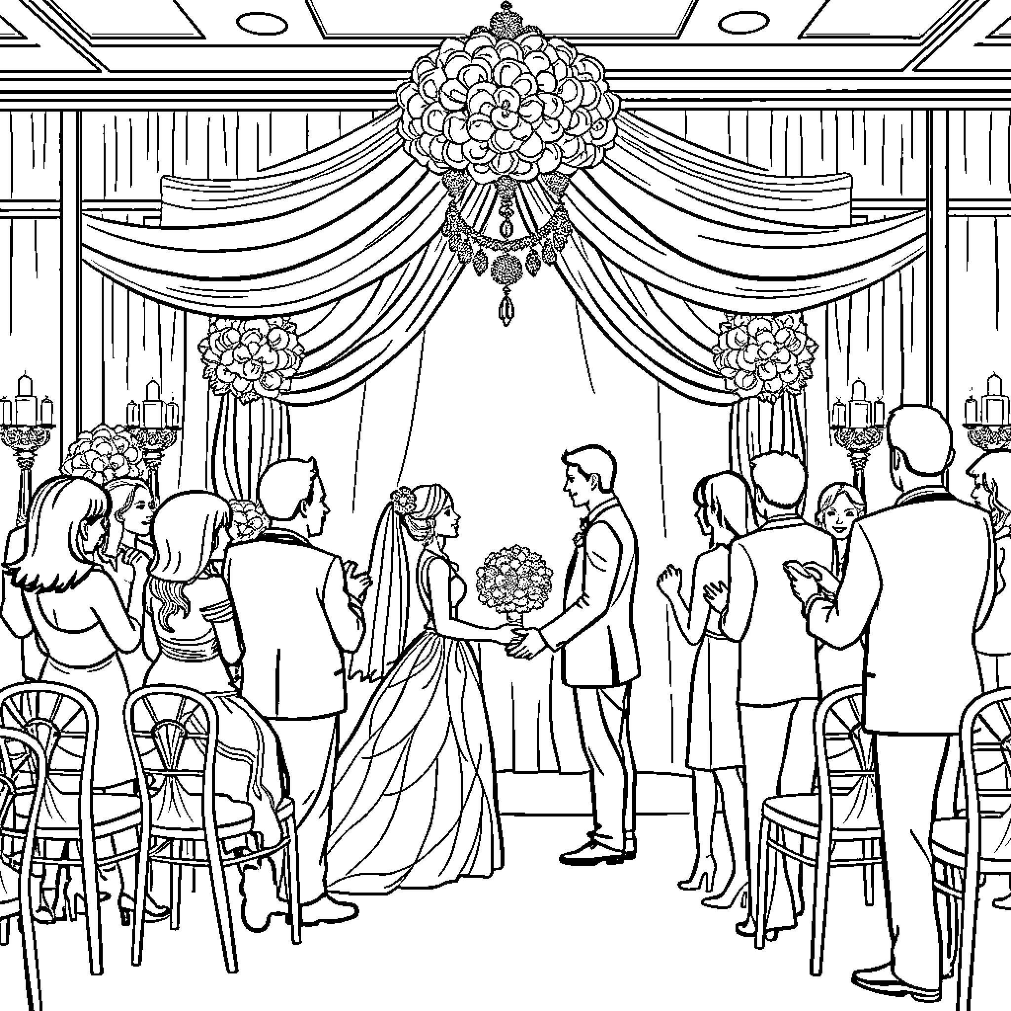 Wedding Ceremony with Elaborate Decorations and Guests Coloring Page (free black-and-white line drawing printable PDF for all, from beginners to advanced learners, including children, teens, adults, and seniors)