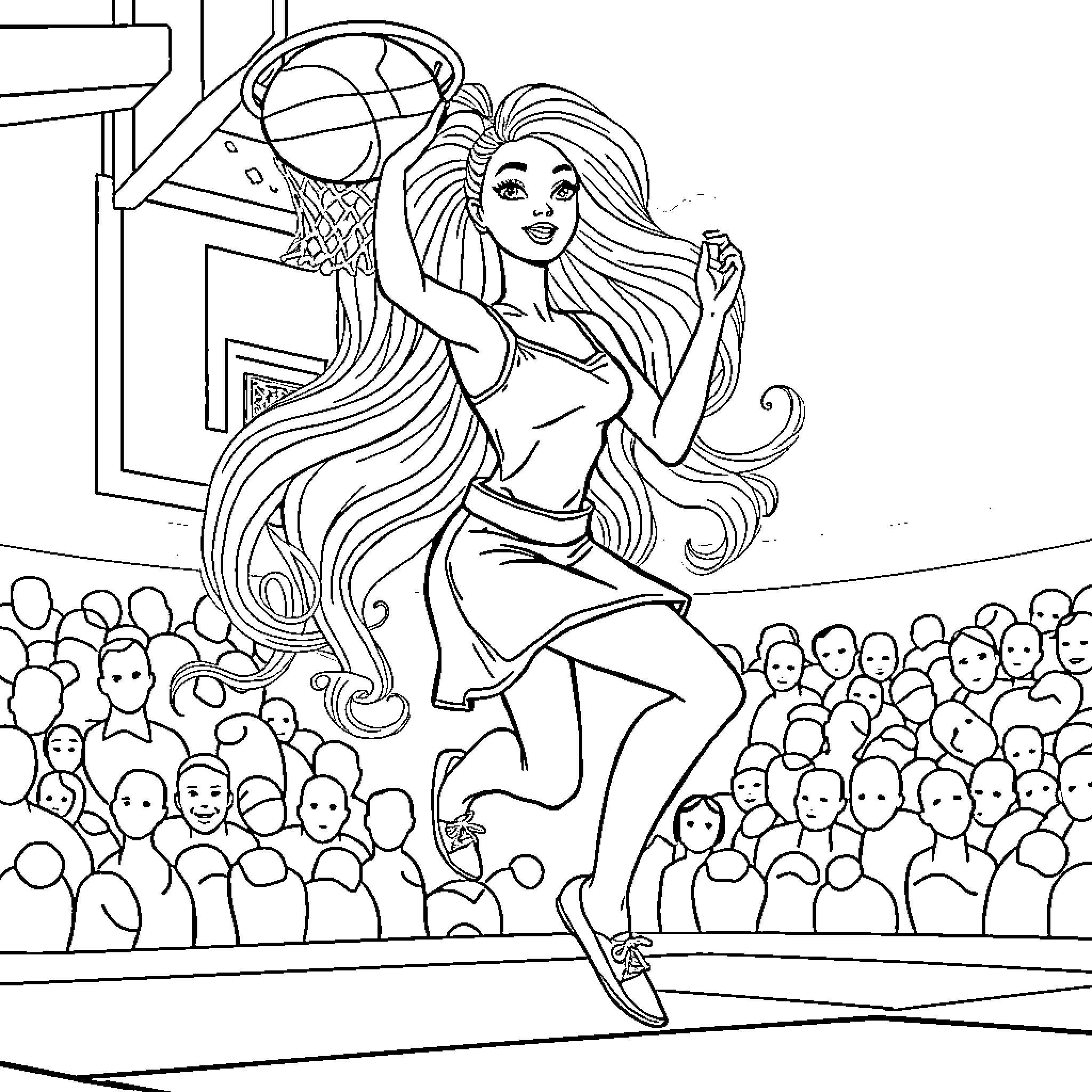 Barbie Playing Basketball in Front of Crowd Coloring Page (free black-and-white line drawing printable PDF for all, from beginners to advanced learners, including children, teens, adults, and seniors)