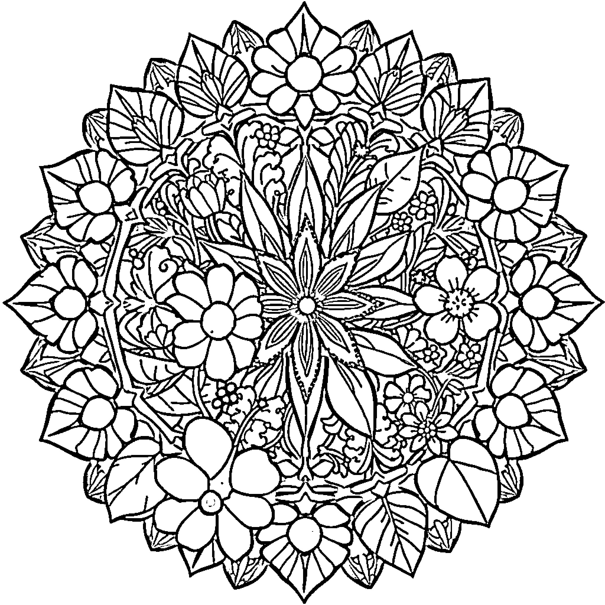 Mandalas of Intricate Floral Designs Coloring Page (free black-and-white line drawing printable PDF for all, from beginners to advanced learners, including children, teens, adults, and seniors)