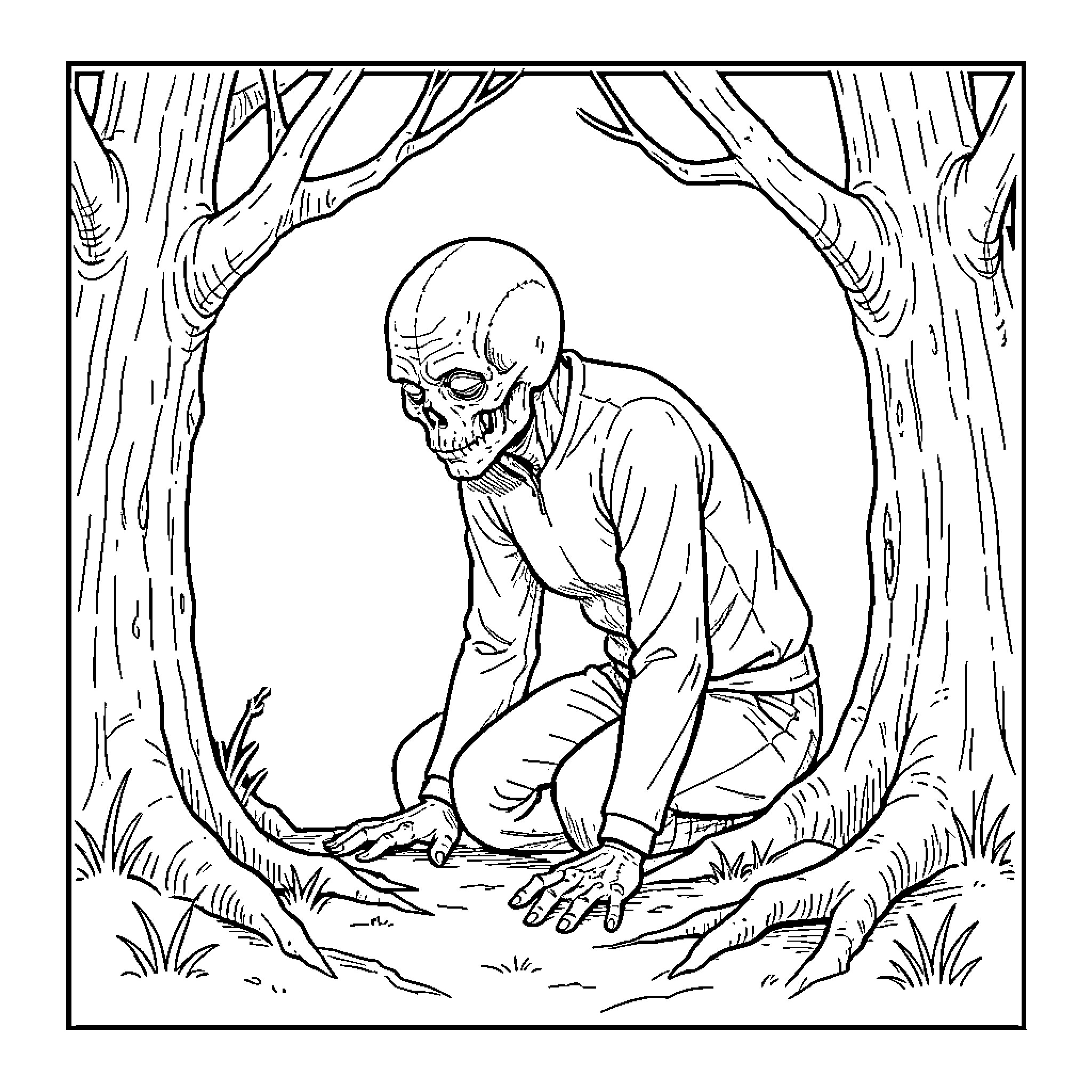 Sub-Human Creature Emerging from the Forest Shadows Coloring Page (free black-and-white line drawing printable PDF for all, from beginners to advanced learners, including children, teens, adults, and seniors)