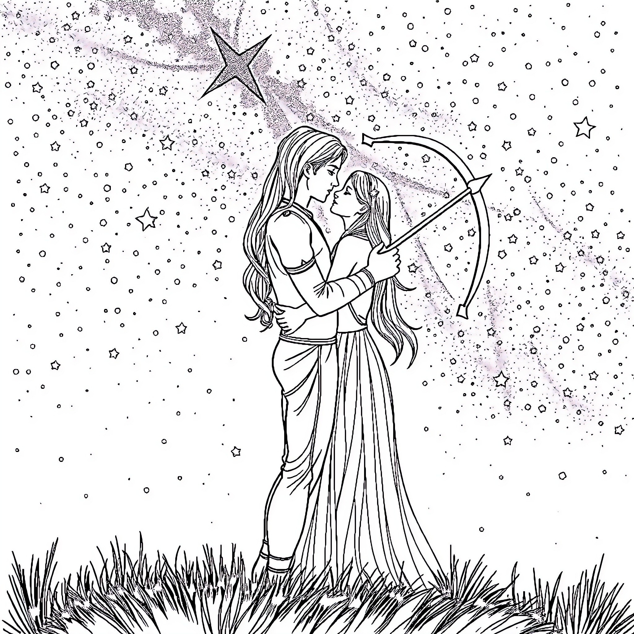 Scorpio Sisters Embracing Under Starry Sky Coloring Page (free black-and-white line drawing printable PDF for all, from beginners to advanced learners, including children, teens, adults, and seniors)