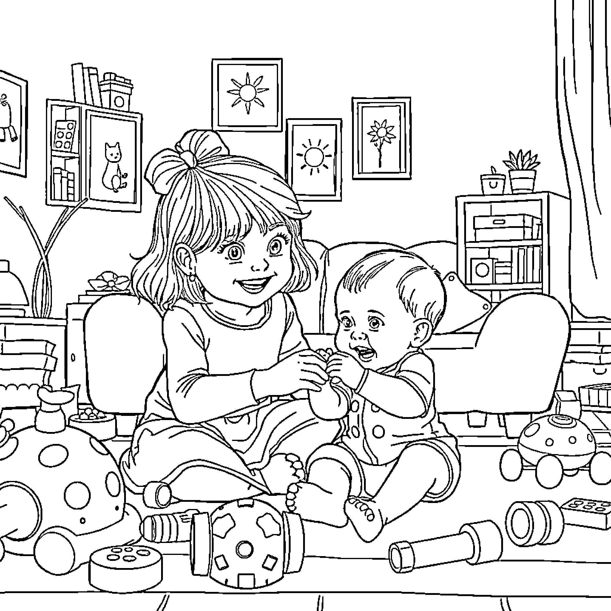Girl playing with baby in cozy room Coloring Page (free black-and-white line drawing printable PDF for all, from beginners to advanced learners, including children, teens, adults, and seniors)